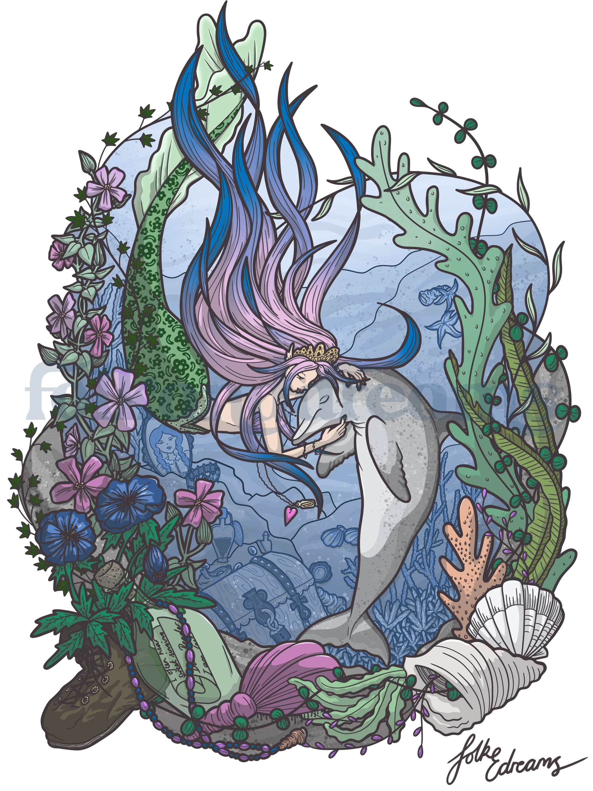 Mermaid Ariel little mermaid under the sea art dolphin whimisical magic adventure fairytale art
