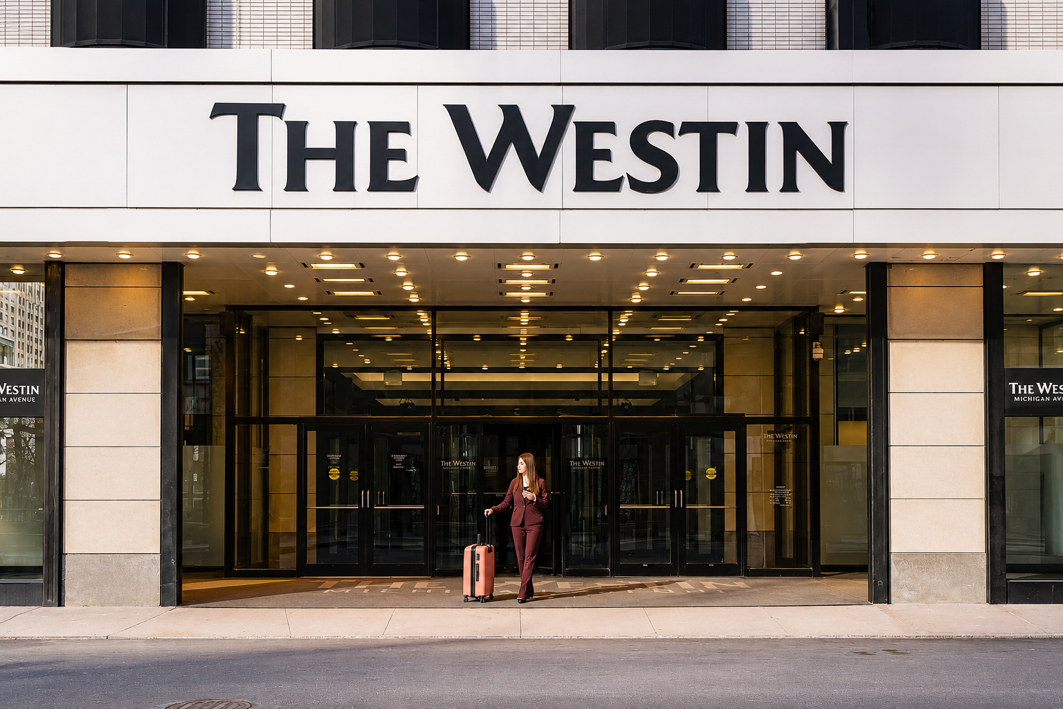 A woman in a burgundy suit holding a mobile phone and rolling a pink suitcase stands in front of the entrance to The Westin hotel, Michigan Avenue, Chicago.