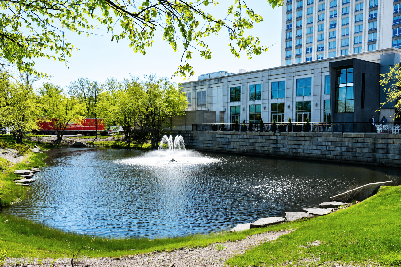 City park with a pond, fountain, trees, and a modern building in the background on a sunny day.