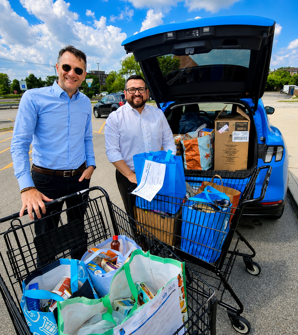 Two men in business attire standing next to a fully packed open car trunk and shopping carts filled with grocery bags in a parking lot on a bright day.