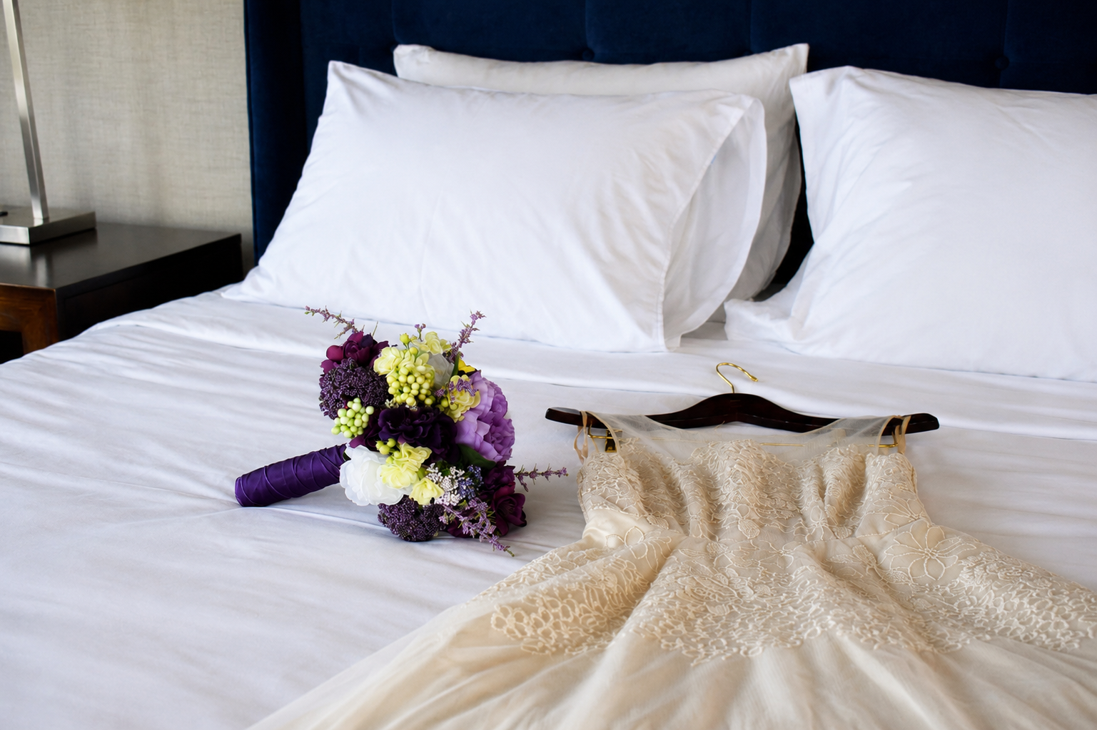 Wedding bouquet and a lace dress on a bed in a hotel room.