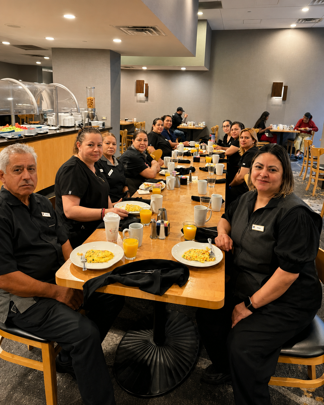 Group of nine people sitting at a long breakfast table in a restaurant, with plates of pasta, glasses of orange juice, and coffee cups in front of them, smiling at the camera.