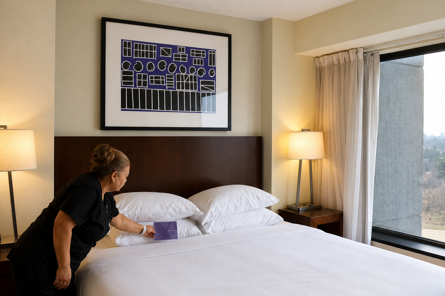 A hotel room with the housekeeping making the bed at the Hyatt Regency Lisle.
