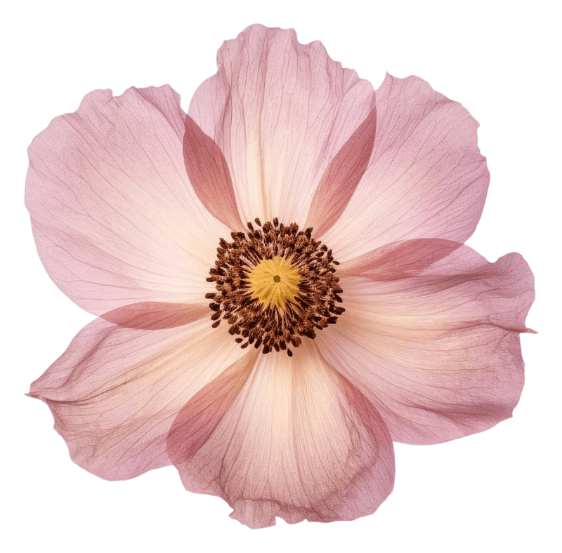 A close-up of a pink and cream anemone flower with a dark center and soft, delicate petals.