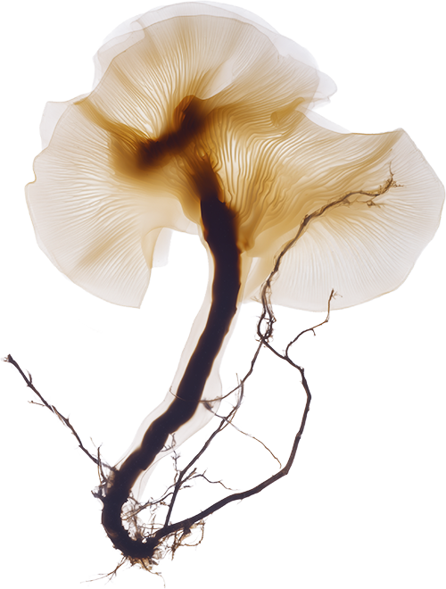 A close-up of a mushroom with visible gills and roots.