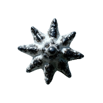 Close-up of a metallic, spiked star-shaped ornament against a black background.