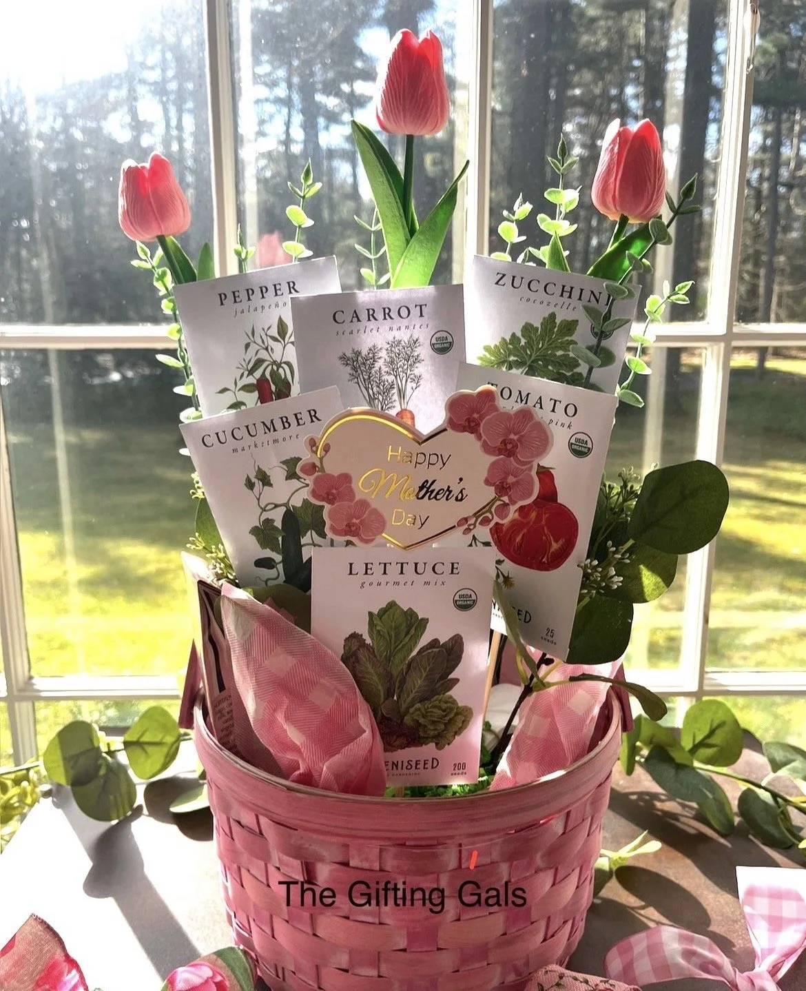 Garen Lover Basket by The Gifting Gals with Seed Packet Bouquet and Faux Tulips in a pink basket.jpg