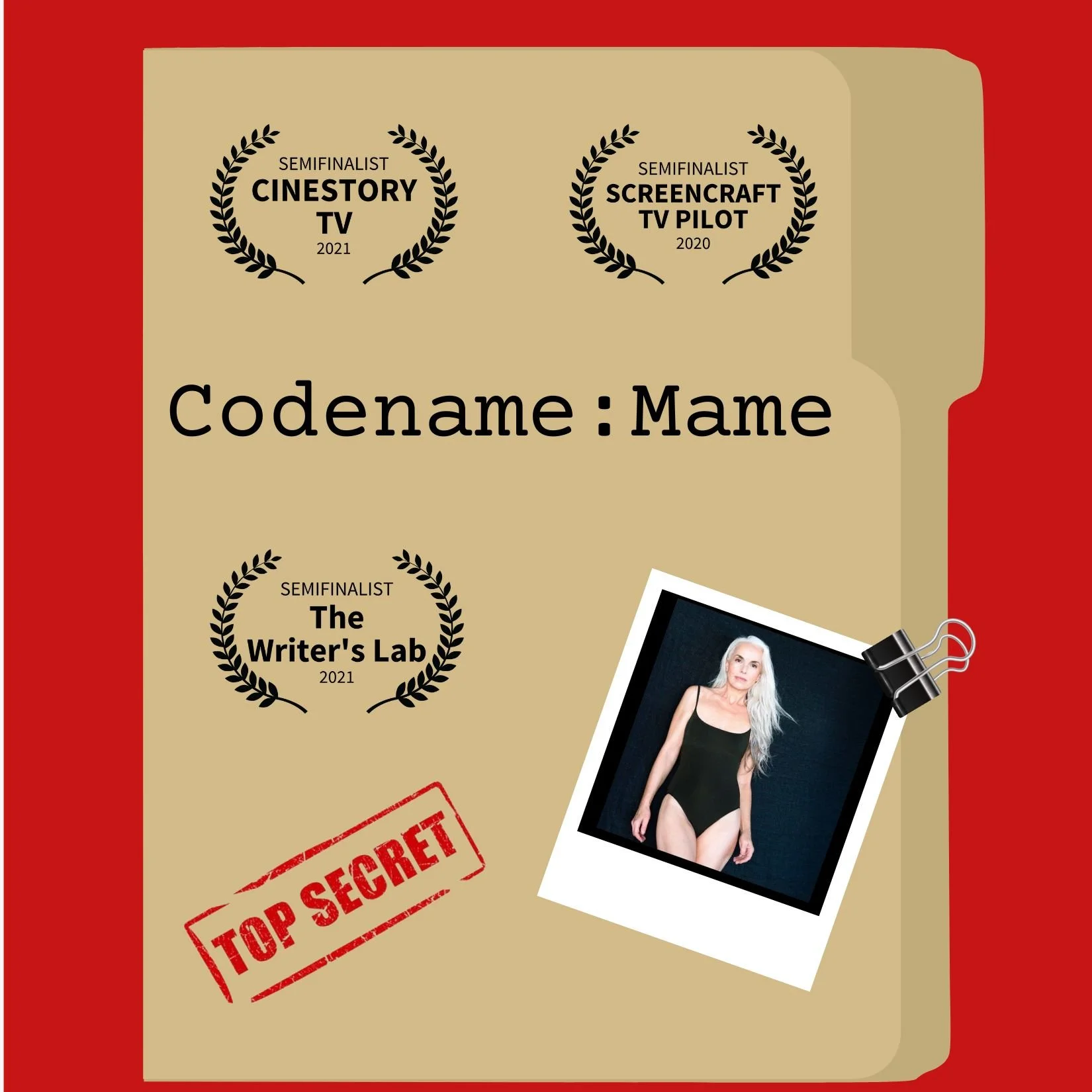 A manilla file folder against a red background. On the folder are three script award laurels, a top secret stamp, and a Polaroid of a sexy older woman in a black swimsuit.