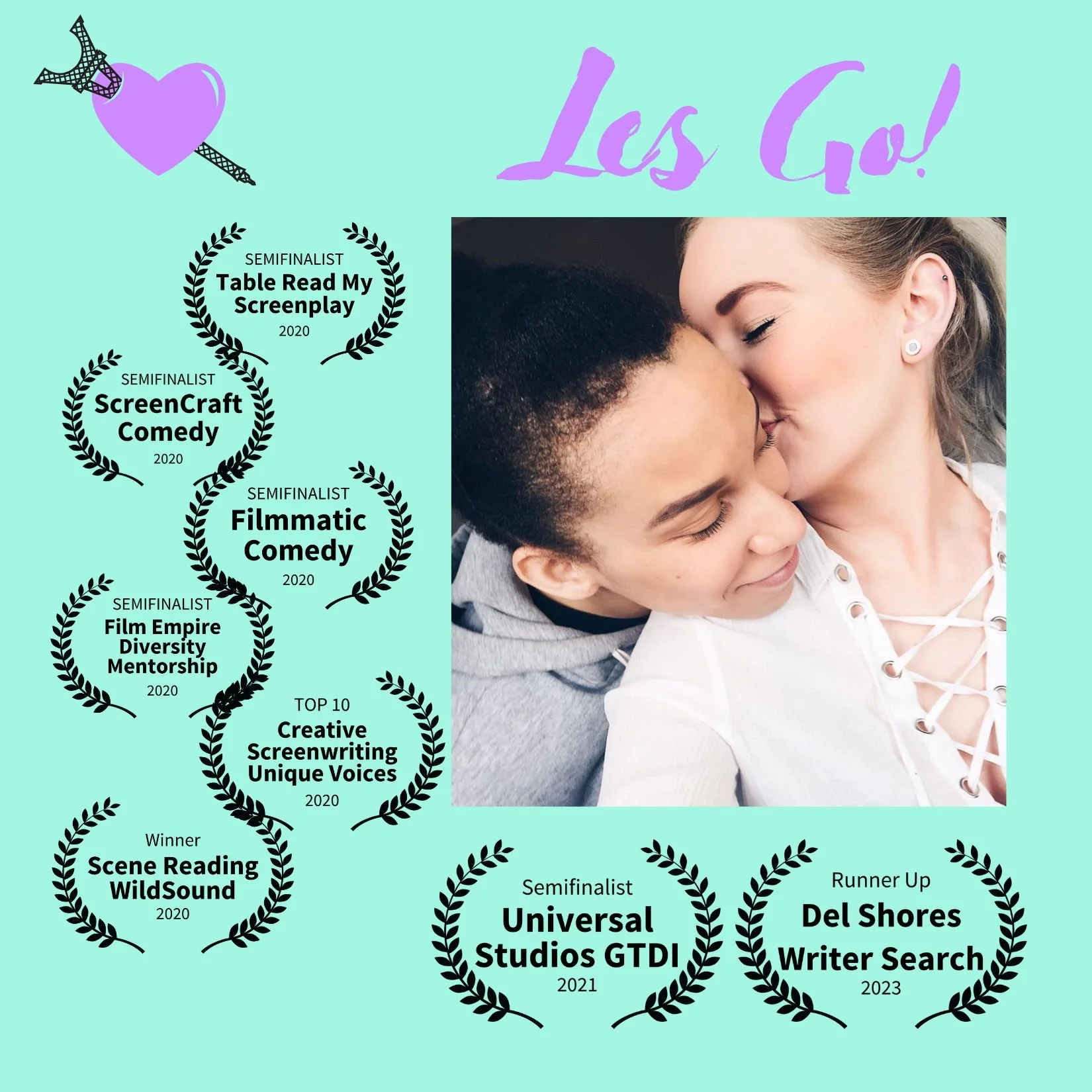 A green background with the script title Les Go! at the top with a a logo of a Purple Heart pierced with the Eiffel Tower. 8 script award laurels.