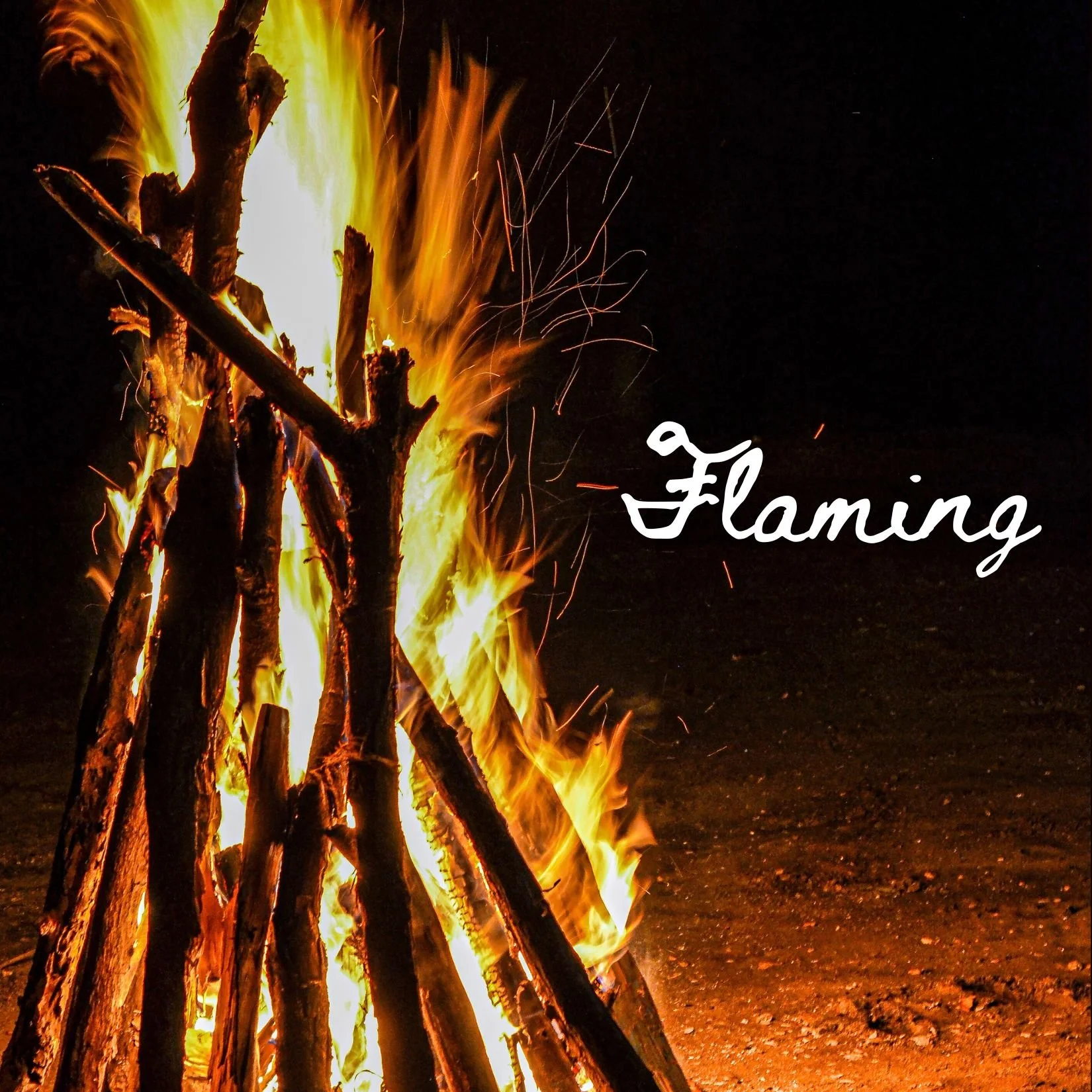 A color picture of a bonfire against a black background with the story title Flaming in white.