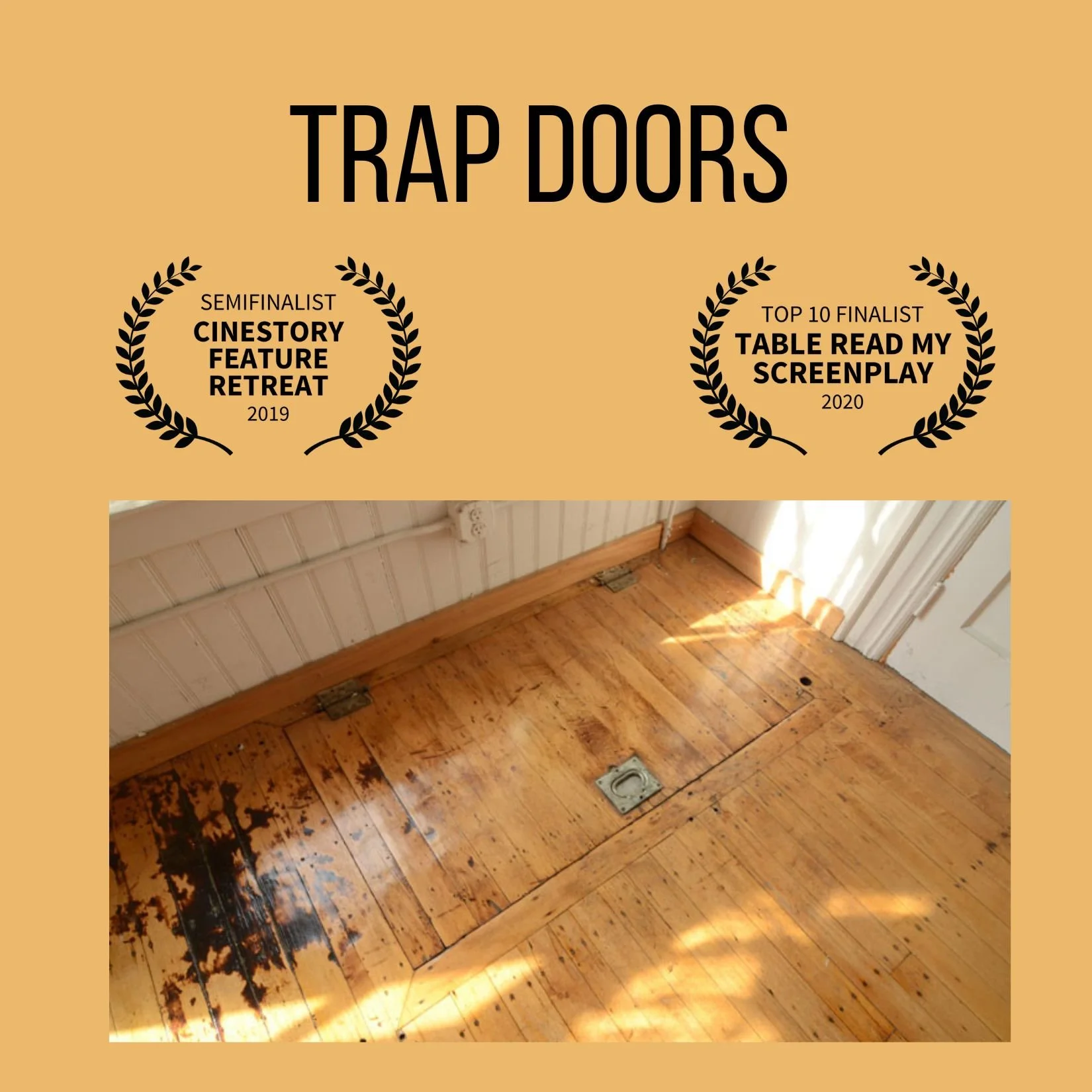 a light orange background with the script title Trap Doors at the top and a colorful picture of a trap door inset into an oak floor and two script award laurels.