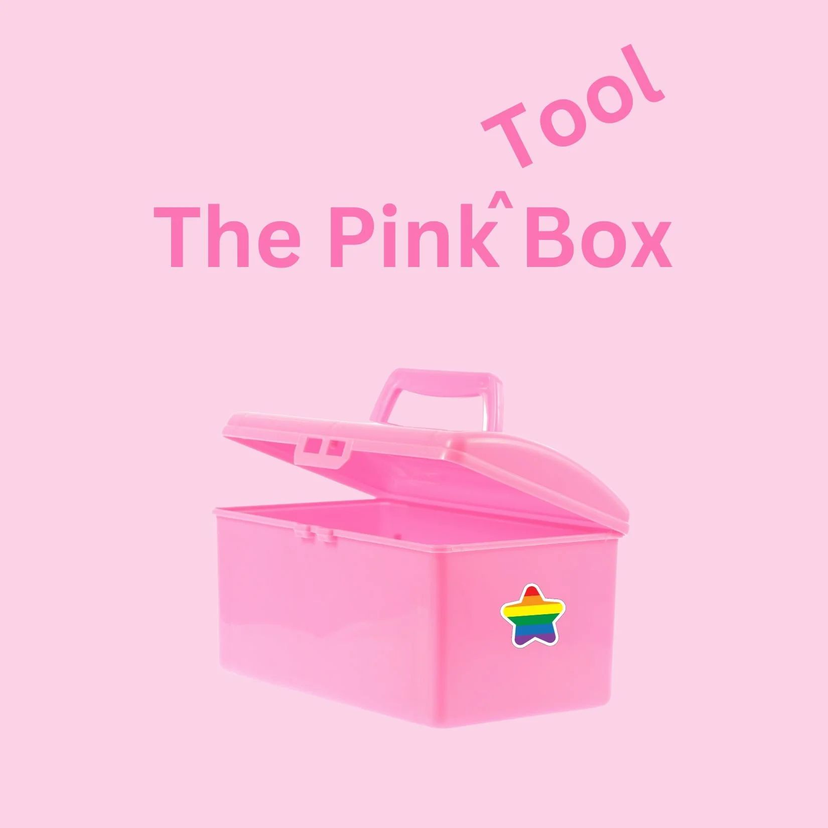 A light pink background with the script title The Pink Tool Box in hot pink above a pink toolbox with a rainbow sticker on the side.