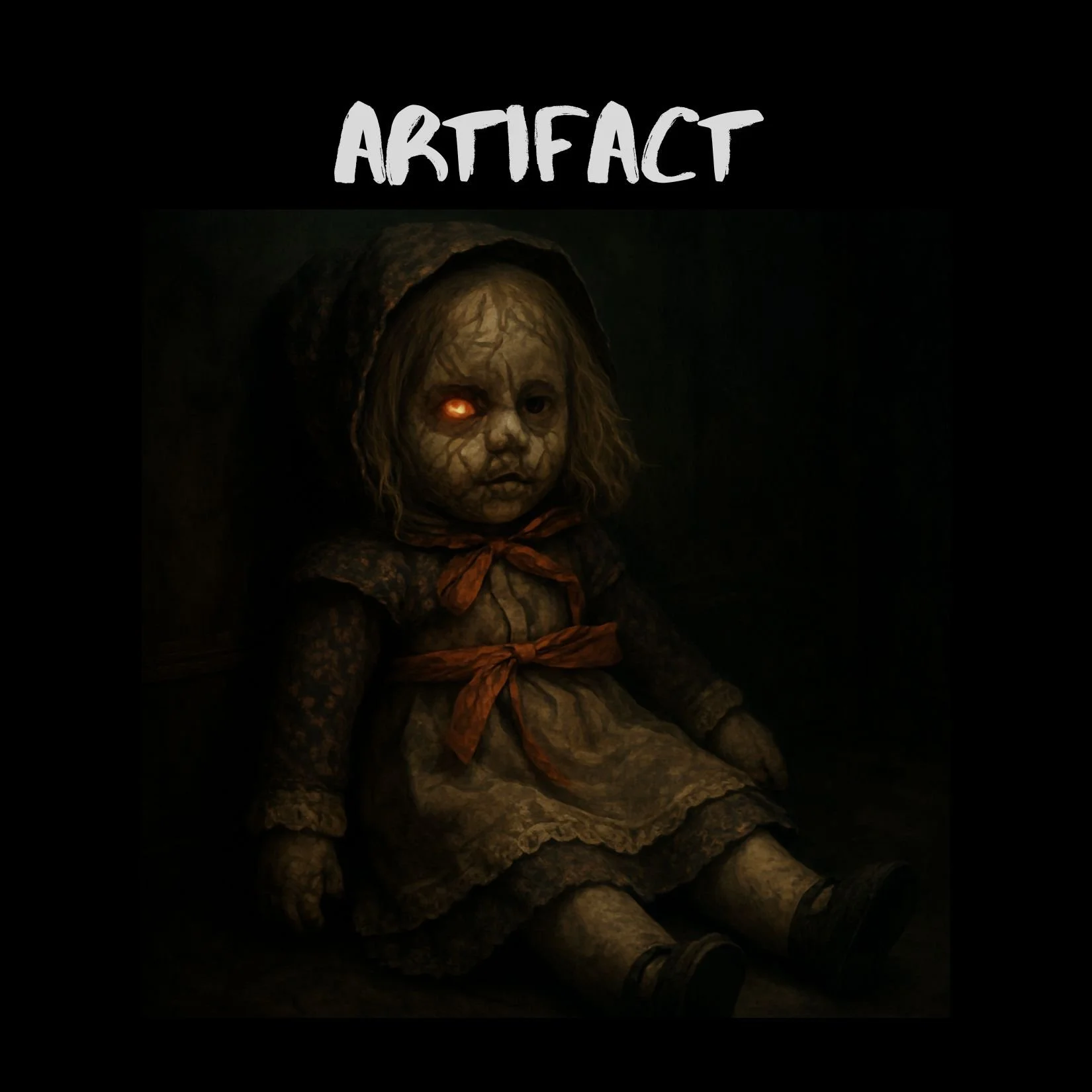 A creepy handmade doll wearing an apron and bonnet with the story title Artifact in white across the top.