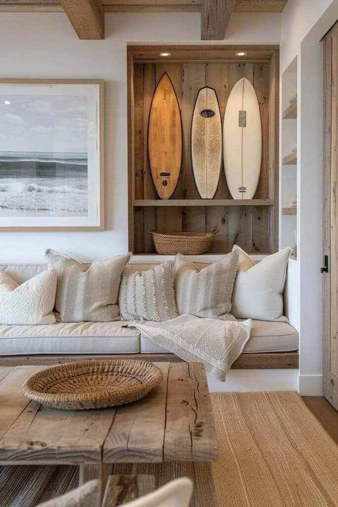 Living room with a white sofa decorated with beige and cream pillows, a wooden coffee table with a woven basket, a wall decorated with three surfboards, and a large framed beach photograph.