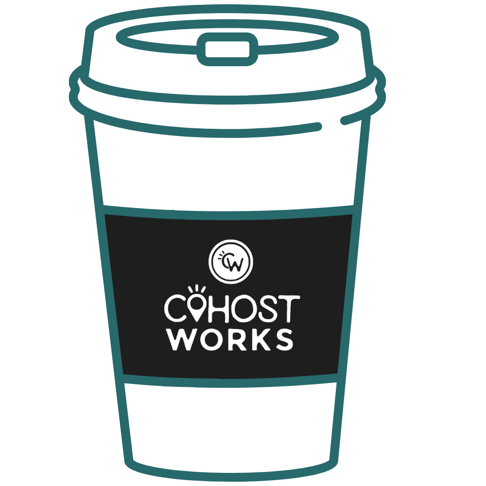 CoHost Works branded coffee cup graphic representing thoughtful guest touches and warm hospitality in vacation rental homes.