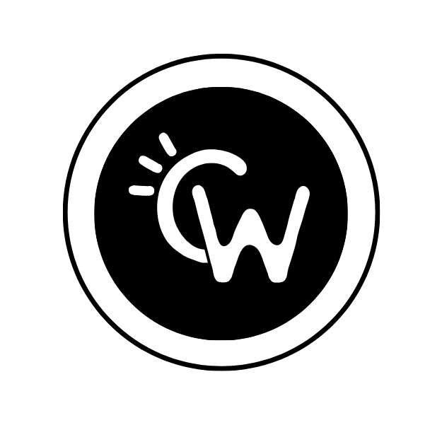 White icon of a phone with a ringing sound and the letter 'W' inside a circle on a black background.