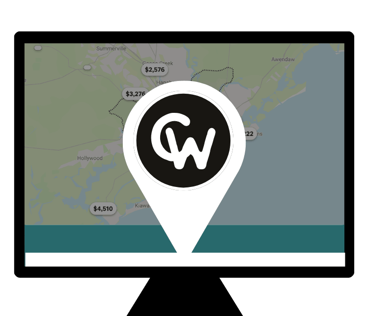 Map with location marker featuring a black and white logo, displaying amounts in dollars at various points around a city or region.