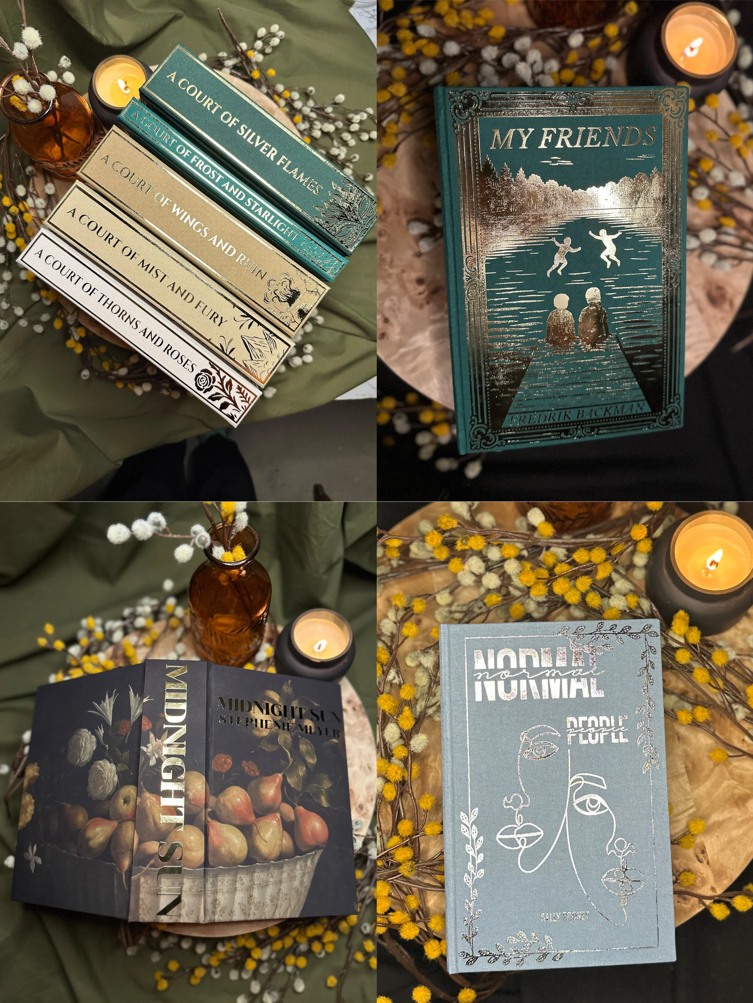 Collage of four photos showing books, candles, and dried flowers on a table with a green cloth. Top left: five books with titles like 'A Court of Silver Flames' and 'A Court of Mist and Fury,' surrounded by white and yellow flowers, and a lit candle. Top right: a book titled 'My Friends' by Fredrik Backman, with dried flowers and a candle in the background. Bottom left: a book titled 'Midnight Sun' by Stephenie Meyer, decorated with apples and flowers, with flowers and a candle background. Bottom right: a book titled 'Normal People' by Sally Rooney, with a face outline on the cover, surrounded by yellow flowers and a lit candle.