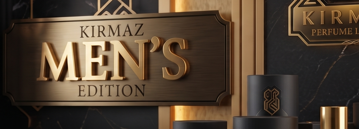 Sign reading 'Kirmaz Men's Edition' with gold lettering on a black and wood background, with perfume bottles on display.