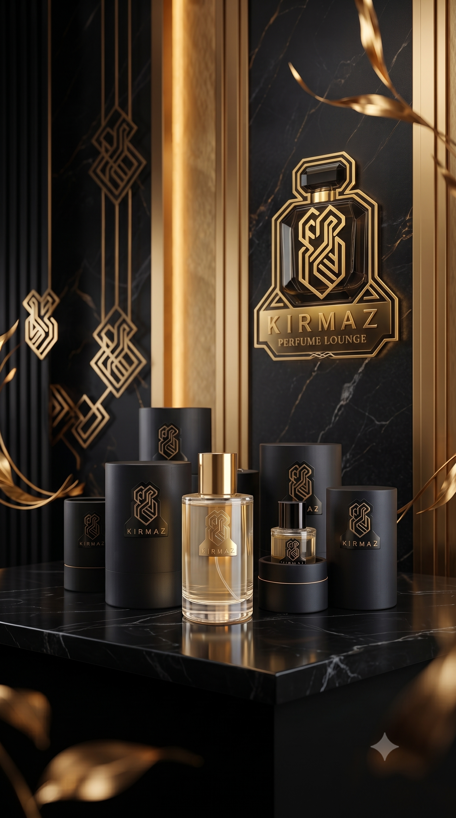 Display of luxury perfume bottles and packaging with black and gold design, branding for KIRMAZ PERFUME LOUNGE, set against a black marble surface and gold-accented backdrop.
