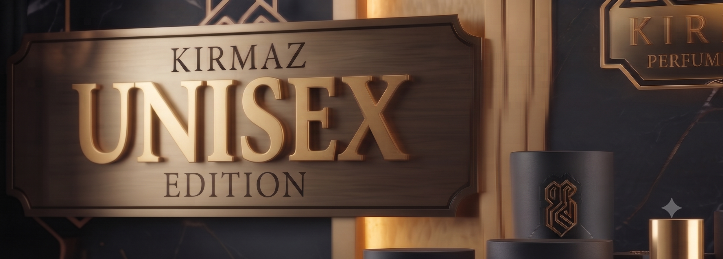 A sign that reads "KIRMAZ UNISEX EDITION" in illuminated gold letters, with a dark background and some marketing or display items nearby.
