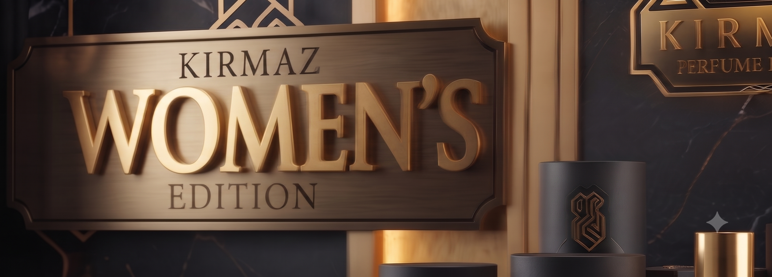 A sign with the words 'Kirmaz Women's Edition' in large gold letters, with decorative gold elements and a dark background.