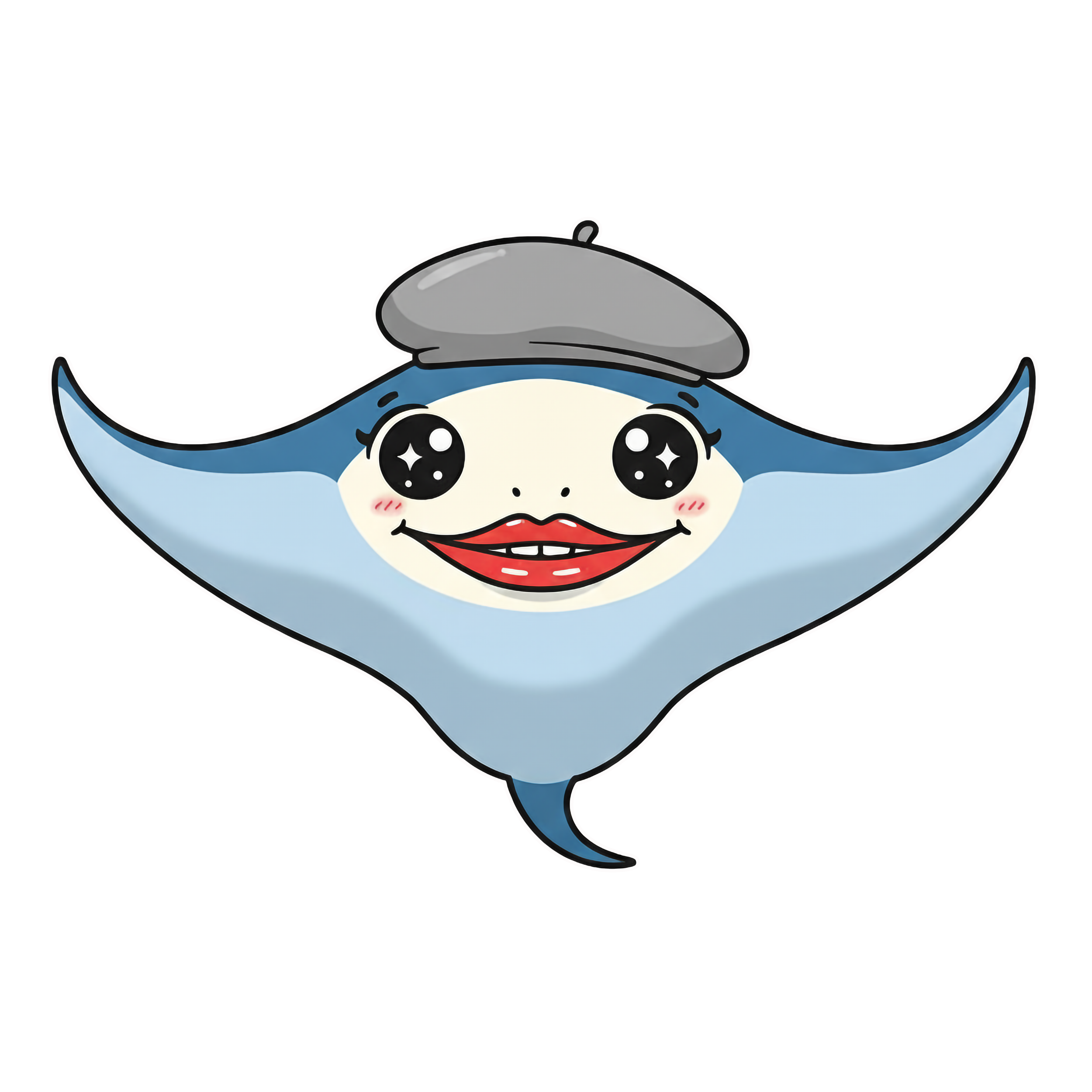 A cute cartoon stingray character parodying Man Ray, wearing a grey beret and featuring oversized red lips and large, expressive eyes.