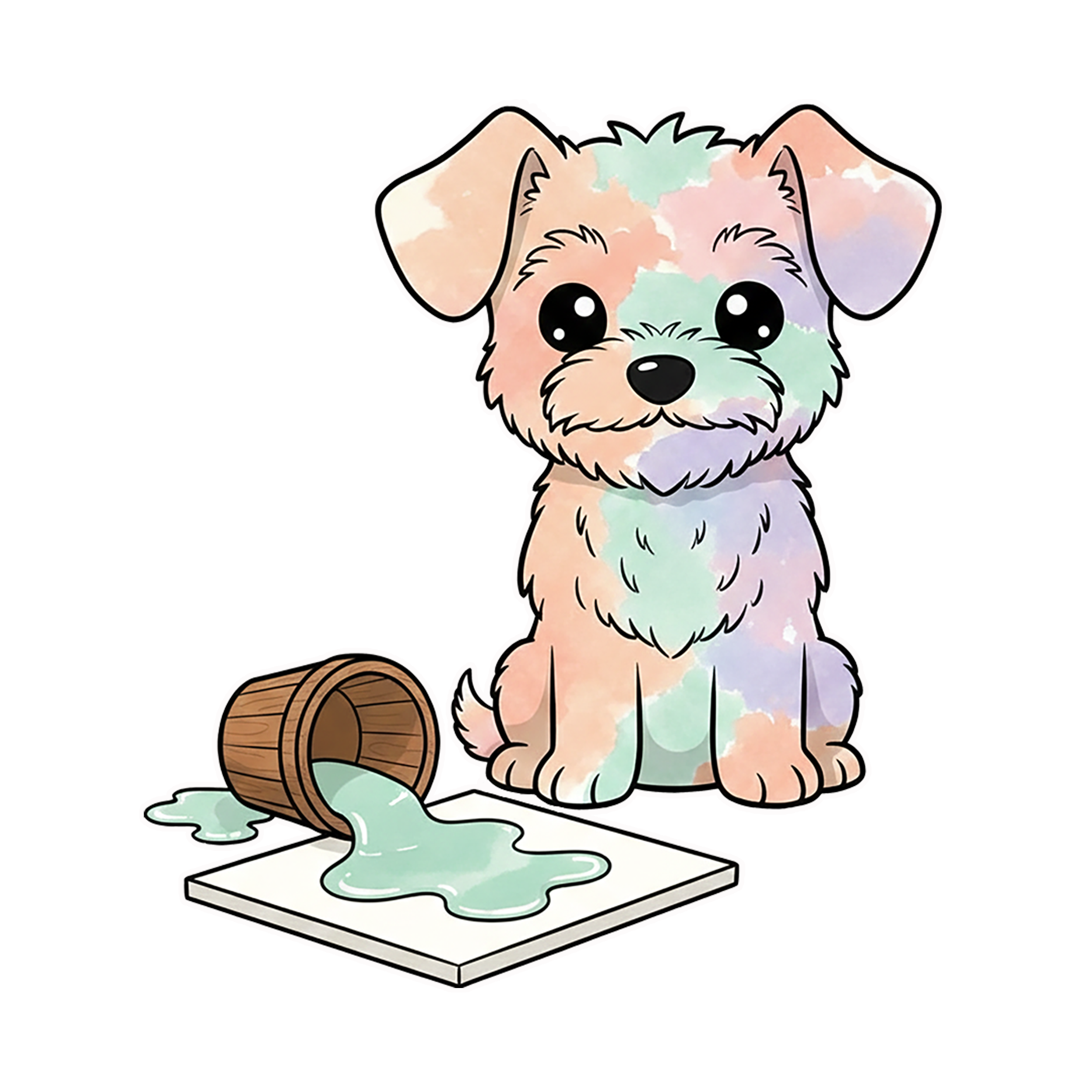 Digital illustration of "Helen Frankenhowler," a light-colored terrier-mix puppy character. Her fur is uniquely patterned with soft, bleeding washes of color in shades of coral, teal, lavender, and yellow, mimicking an abstract expressionist painting