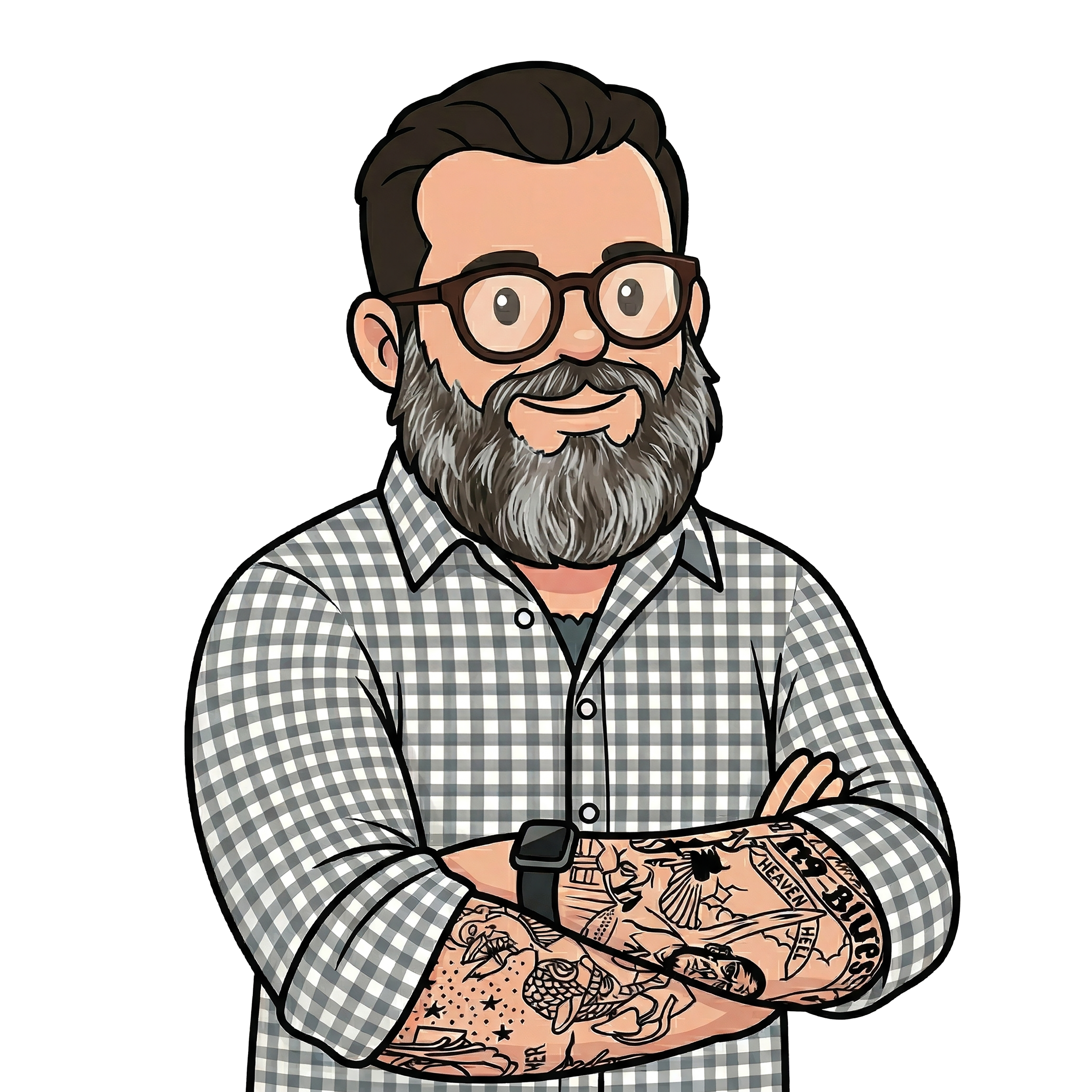 A digital illustration of Matthew Gardocki. The character has dark hair, a full grey-flecked beard, and round glasses. He is wearing a grey and white checkered button-down shirt with sleeves rolled up to reveal detailed black-ink tattoos on both fore
