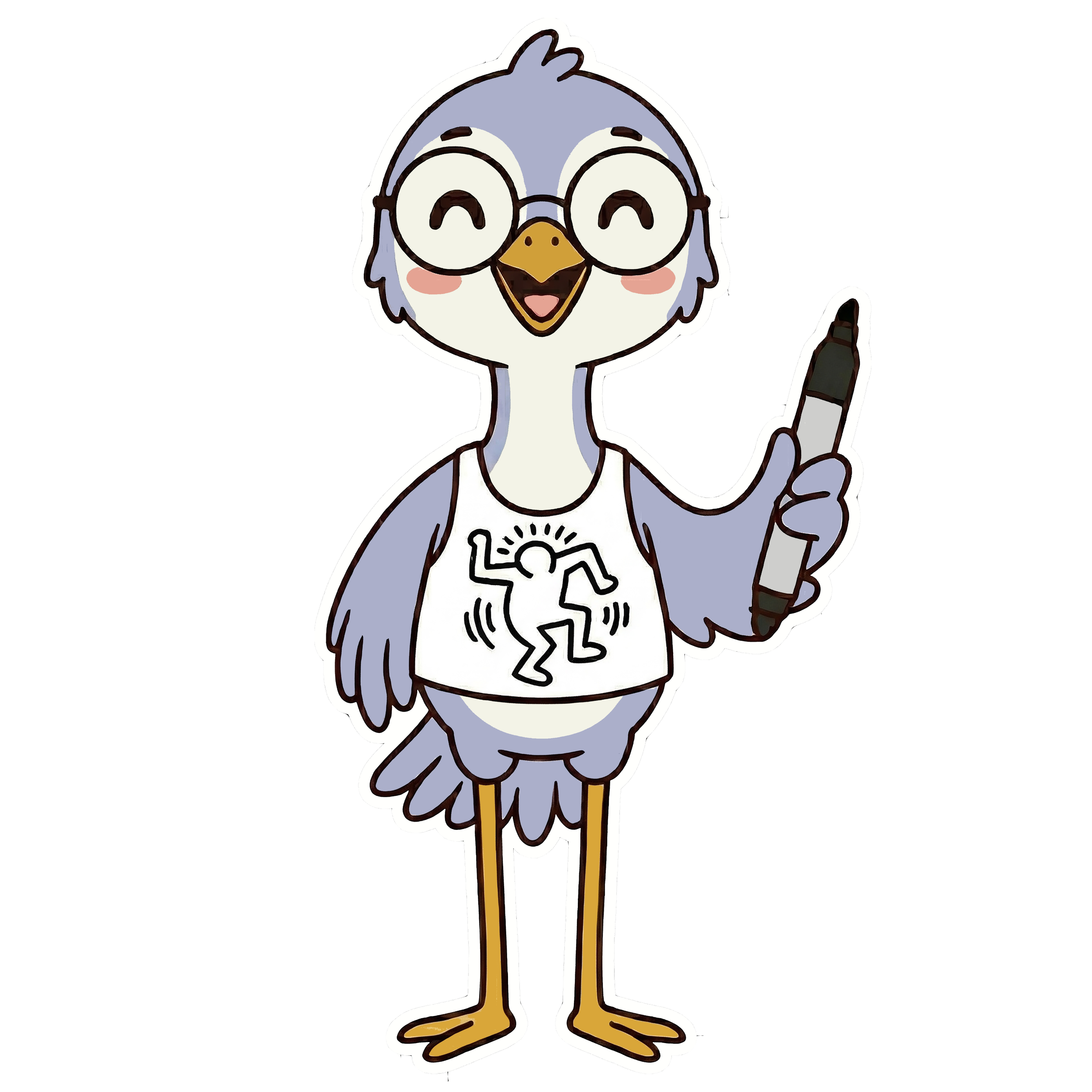 Digital illustration of "Keith Heron," a friendly blue-grey bird character with a bright yellow beak and feet, standing in a front-facing pose. The bird has large round glasses and a playful, wide-eyed expression. It wears a white t-shirt featuring a