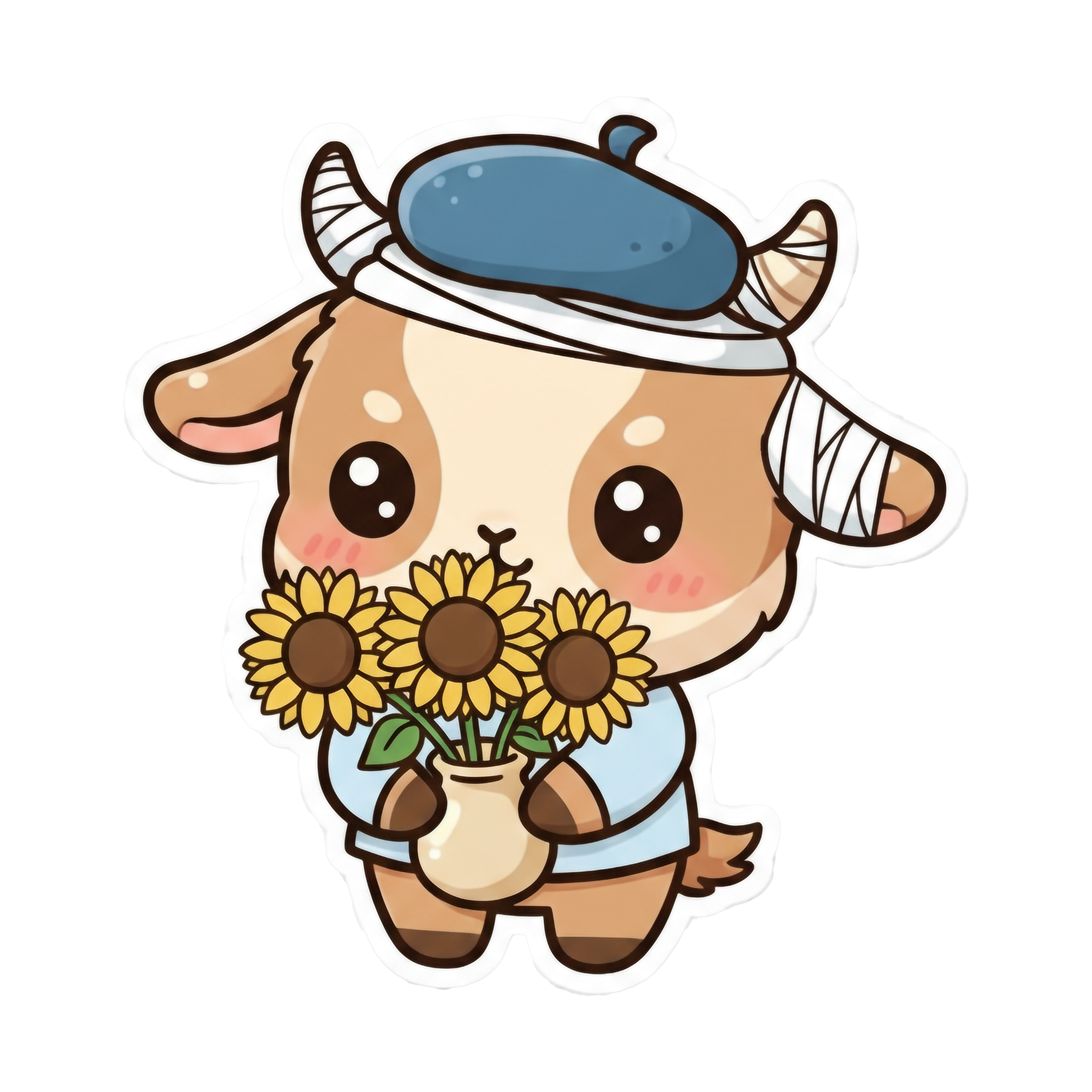 A cute cartoon baby goat parodying Vincent van Gogh, wearing a blue beret and a head bandage, holding a small vase of three bright sunflowers.