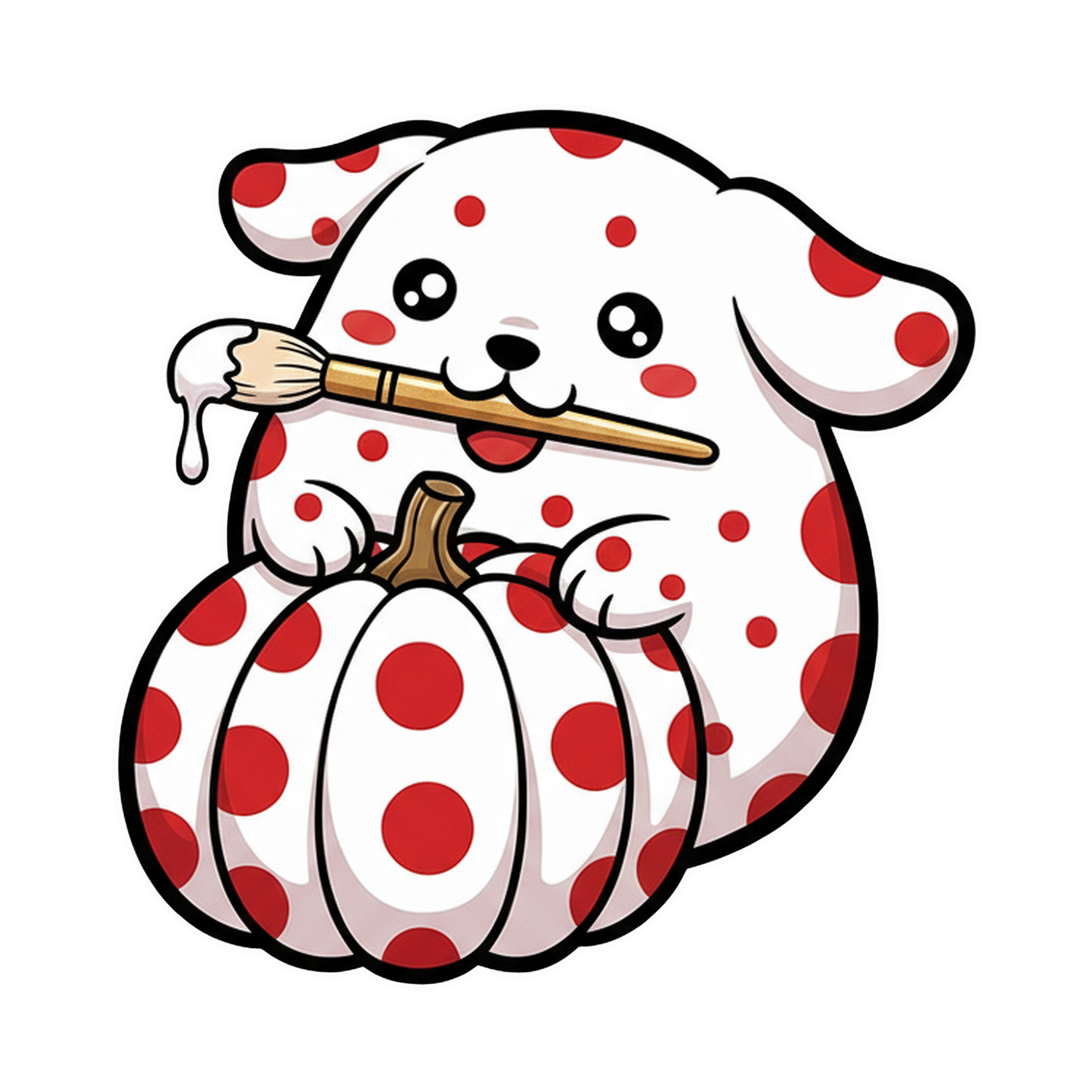 A cute cartoon puppy wearing a red and white polka-dot hat and dress, sitting next to a matching polka-dot pumpkin, in a parody of artist Yayoi Kusama.