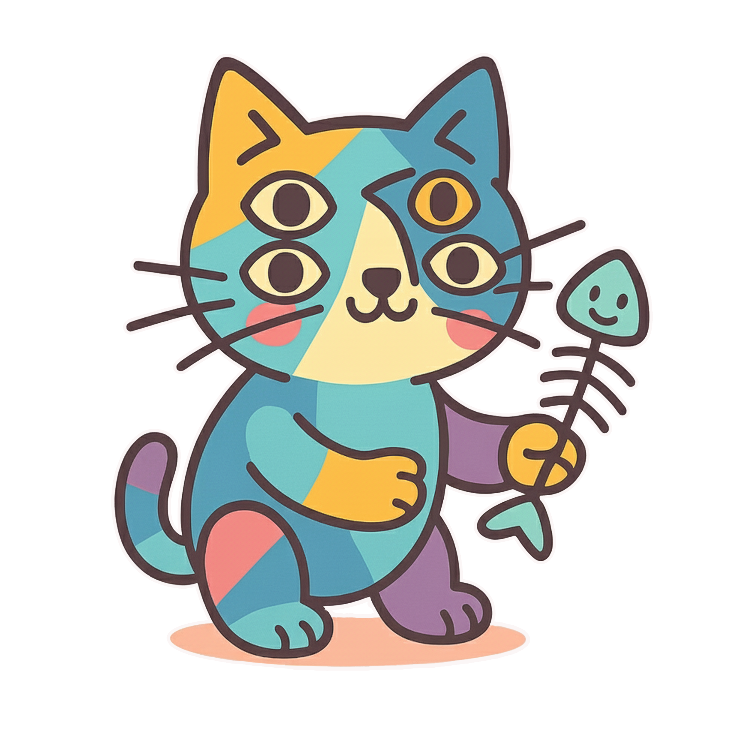 A cute cartoon cat character parodying Pablo Picasso, featuring a cubist-style face with four eyes and a body made of colorful geometric patches, holding a fish skeleton.