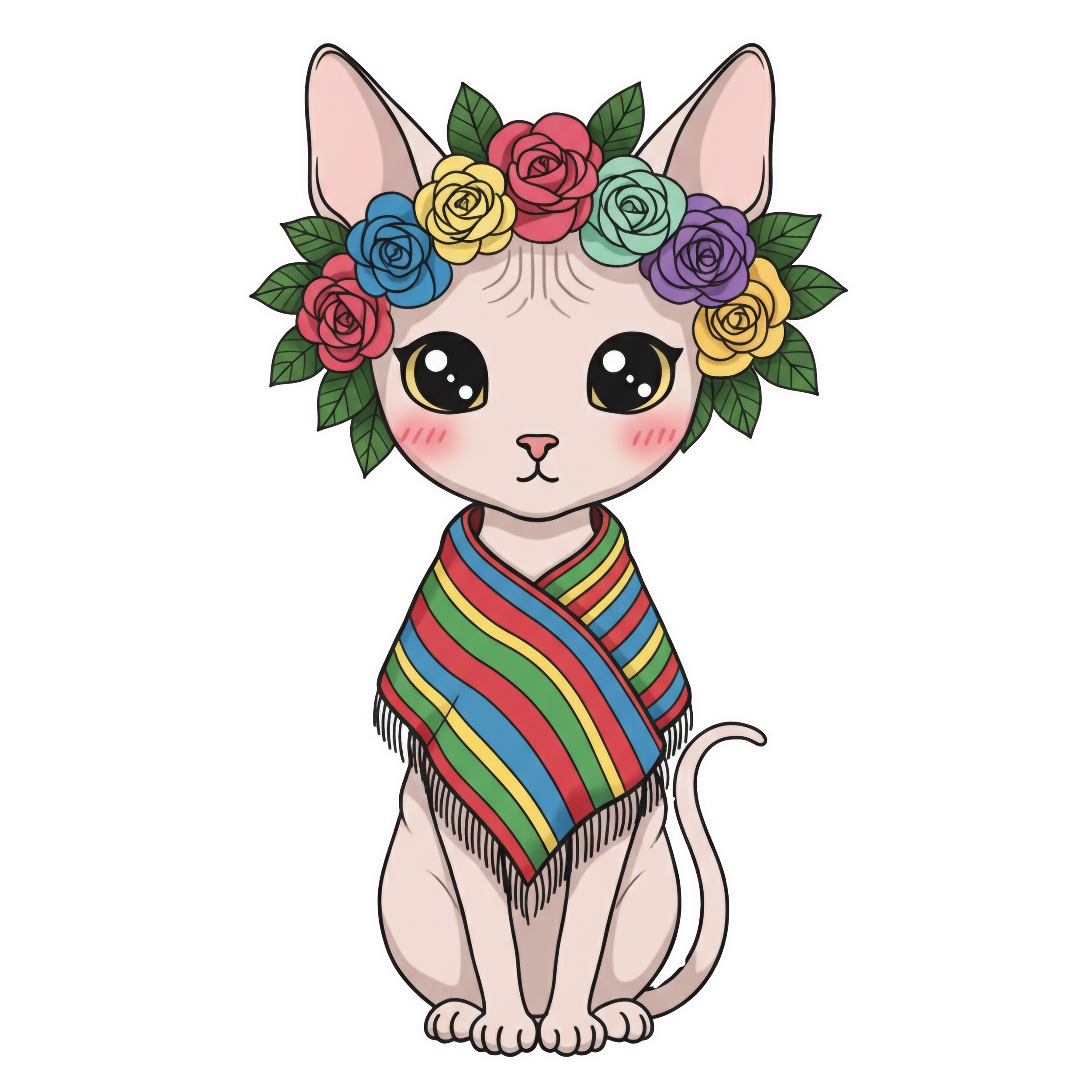 Cartoon illustration of a Mexican Shorthair cat named Frida Catlo, featuring a vibrant multi-colored flower crown, a traditional striped shawl, and large eyes.