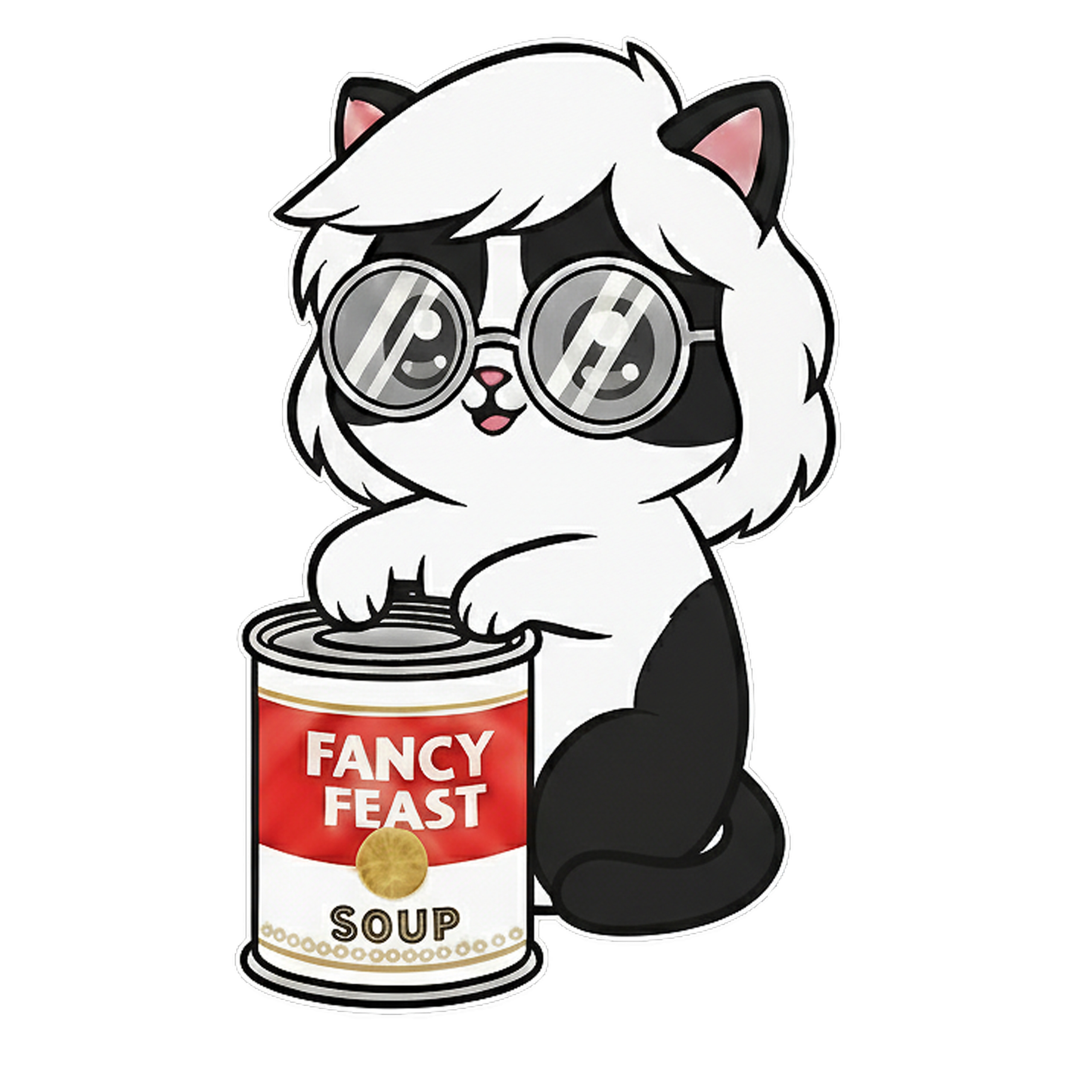 Digital illustration of "Andy Purrhol," a black and white tuxedo cat character. The cat features a signature silver-white shock of hair and large round silver glasses. It is smiling and resting its paws on a tall soup can that parodies the Campbell’s