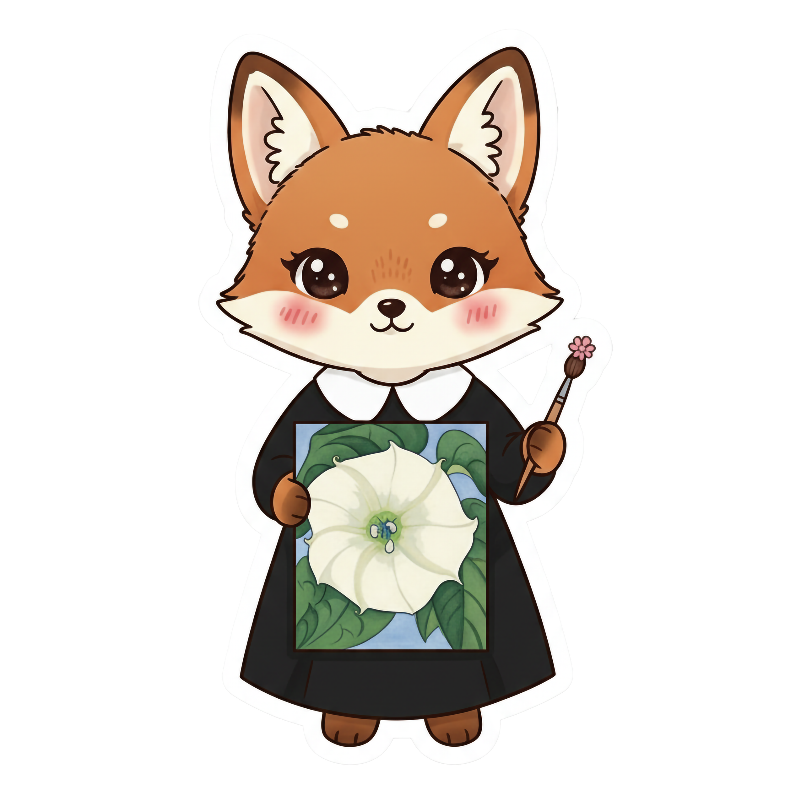 Chibi illustration of Georgia O'Keeffox, a fox character wearing a black dress with a white collar, standing next to a wooden easel actively painting a large, detailed white datura flower on a canvas.