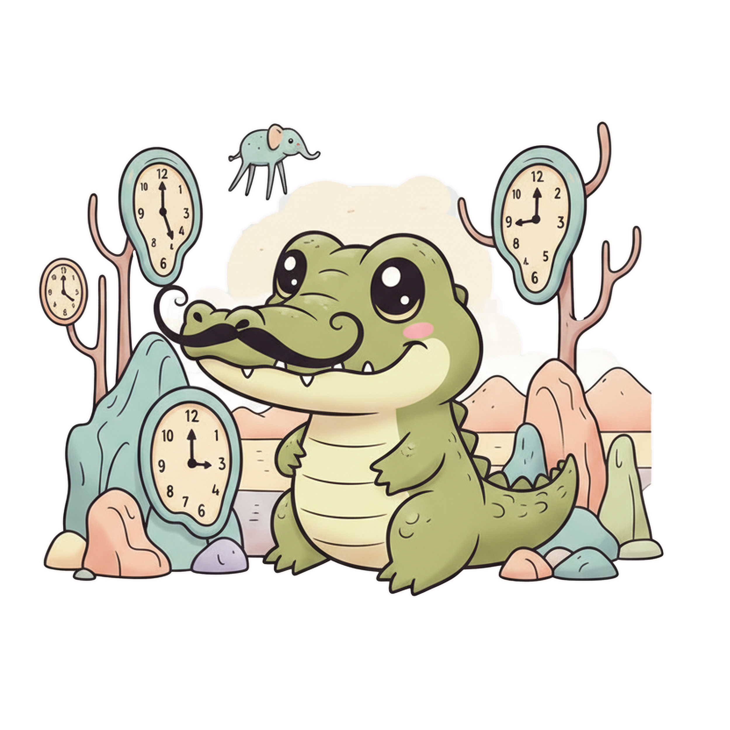 Chibi-style alligator character "Salvador Daligator" with a signature mustache and melting clock, a surrealist parody of Salvador Dalí from the Art Friends series.