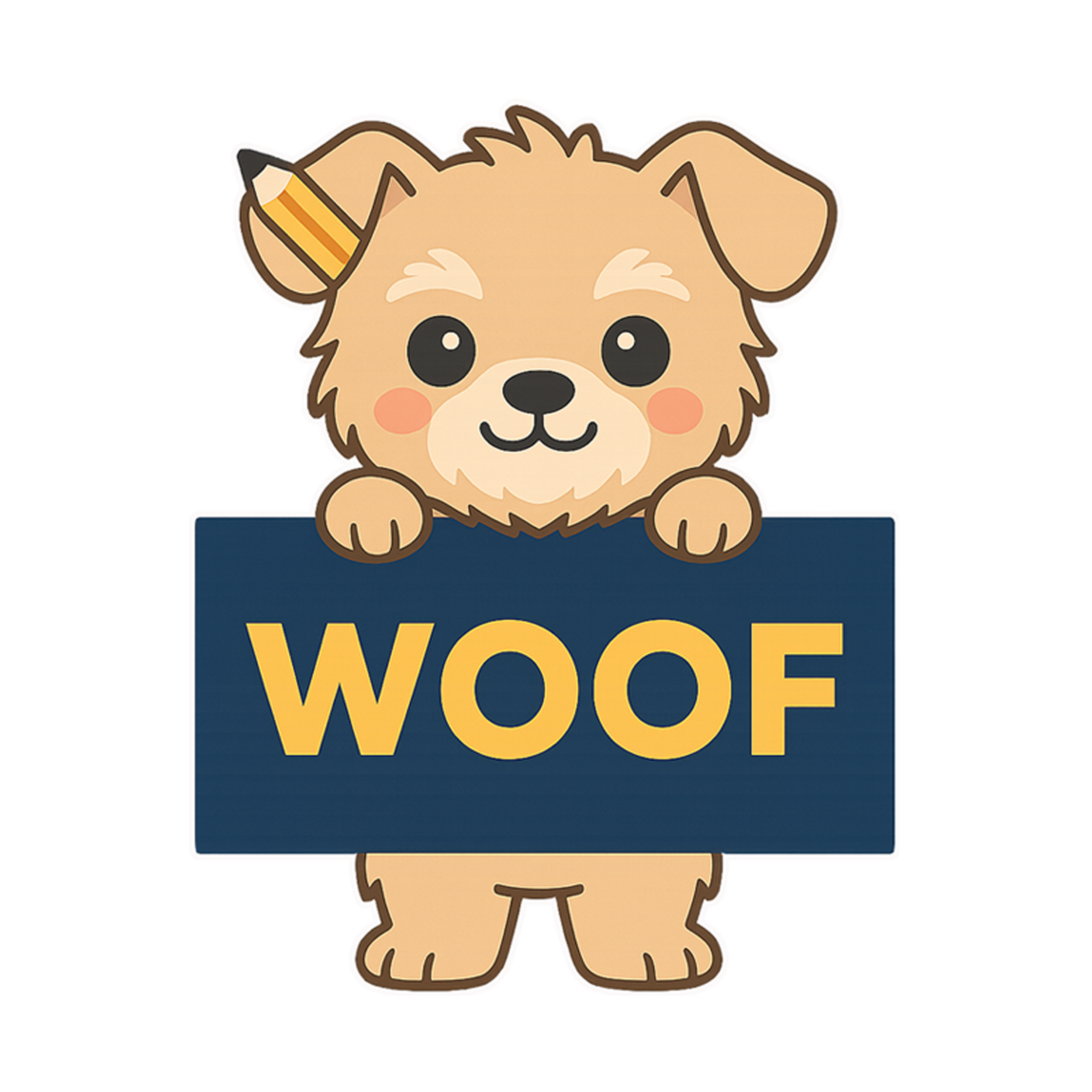 Chibi illustration of Ed Woofccha, a fluffy golden terrier character holding a dark blue sign that reads "WOOF" in yellow letters, with a wooden pencil tucked behind its right ear.