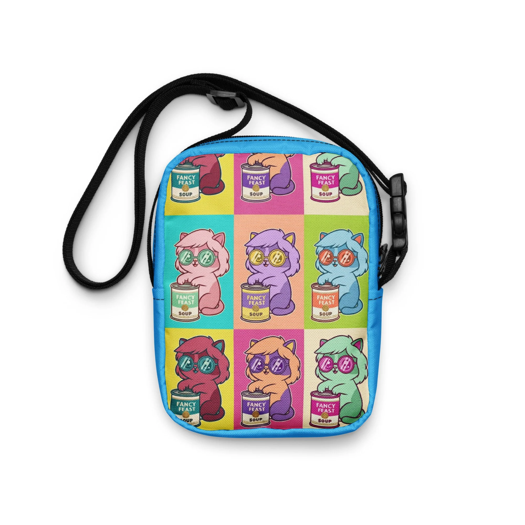 Art Friends™: Andy Purrhol "Cat Soup Cans Grid" Utility crossbody Blue