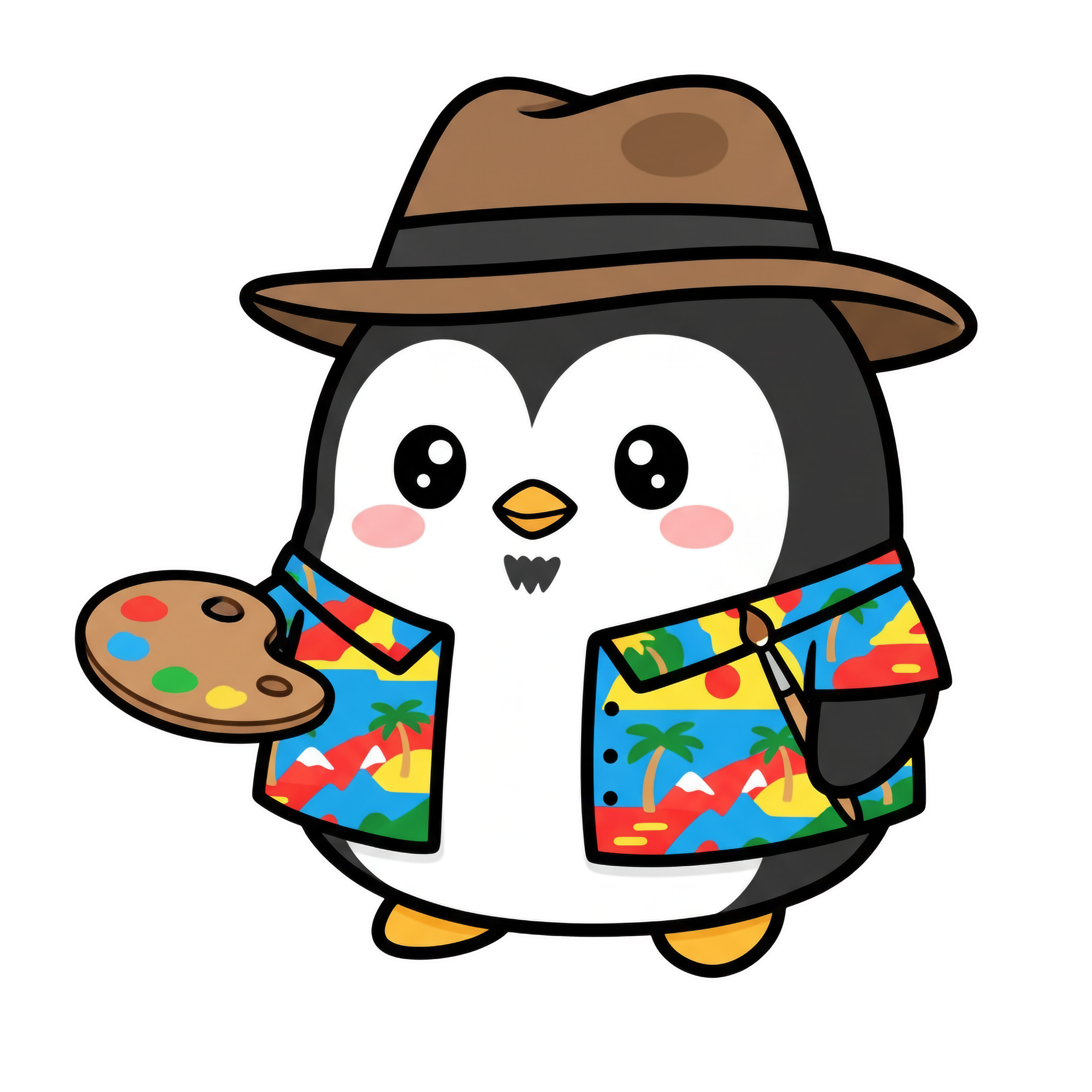 A cute cartoon penguin parodying Paul Gauguin, wearing a brown fedora and a vibrant tropical print shirt, holding a wooden paint palette.