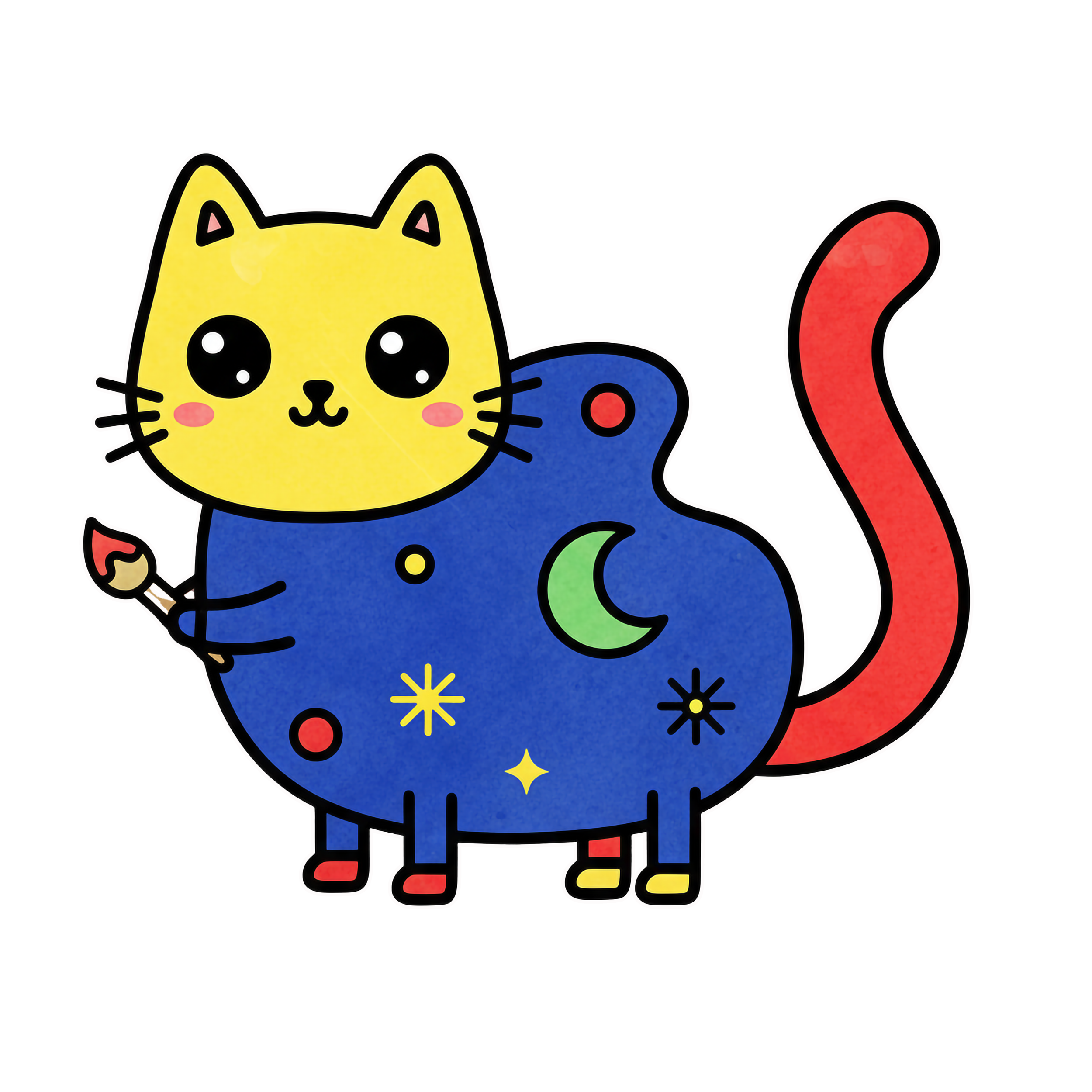 A cute cartoon cat parodying Joan Miró, with a solid yellow head and a deep blue body patterned with abstract stars, a crescent moon, and colorful dots, holding a paintbrush.