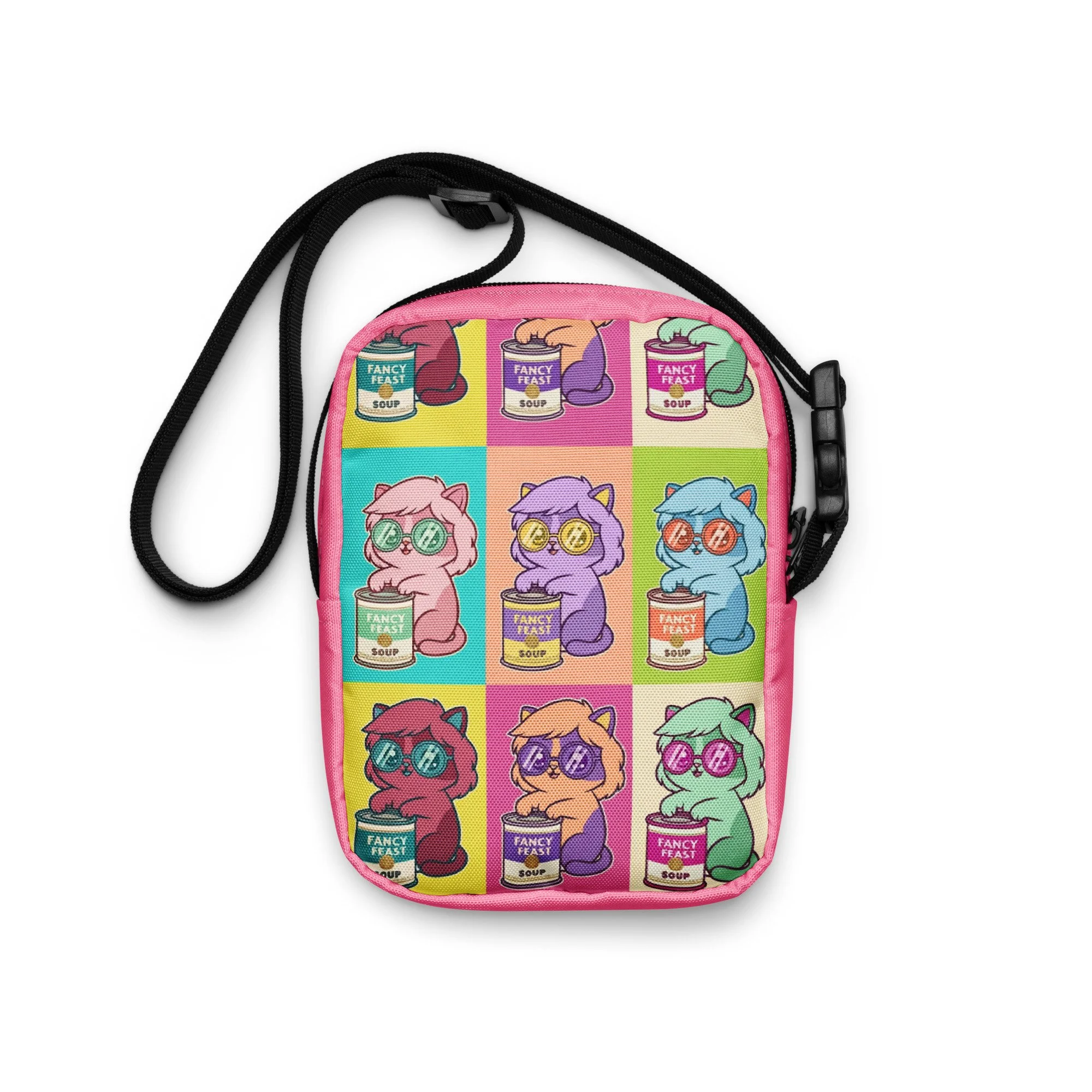 Art Friends™: Andy Purrhol "Cat Soup Cans Grid" Utility crossbody Pink