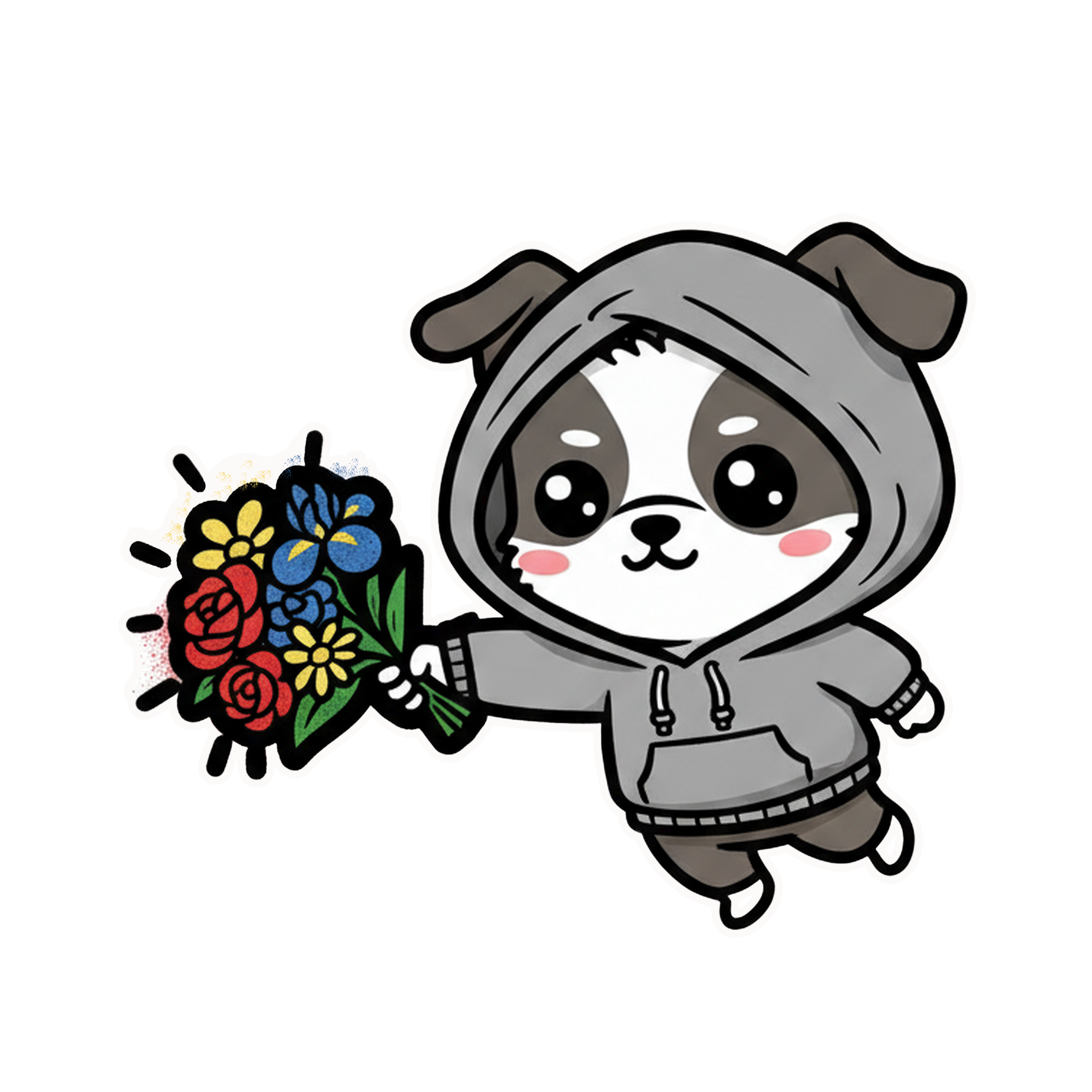 A cute cartoon dog character named "Barksy" wearing a grey hoodie and throwing a colorful bouquet of flowers, parodying a famous street art stencil.