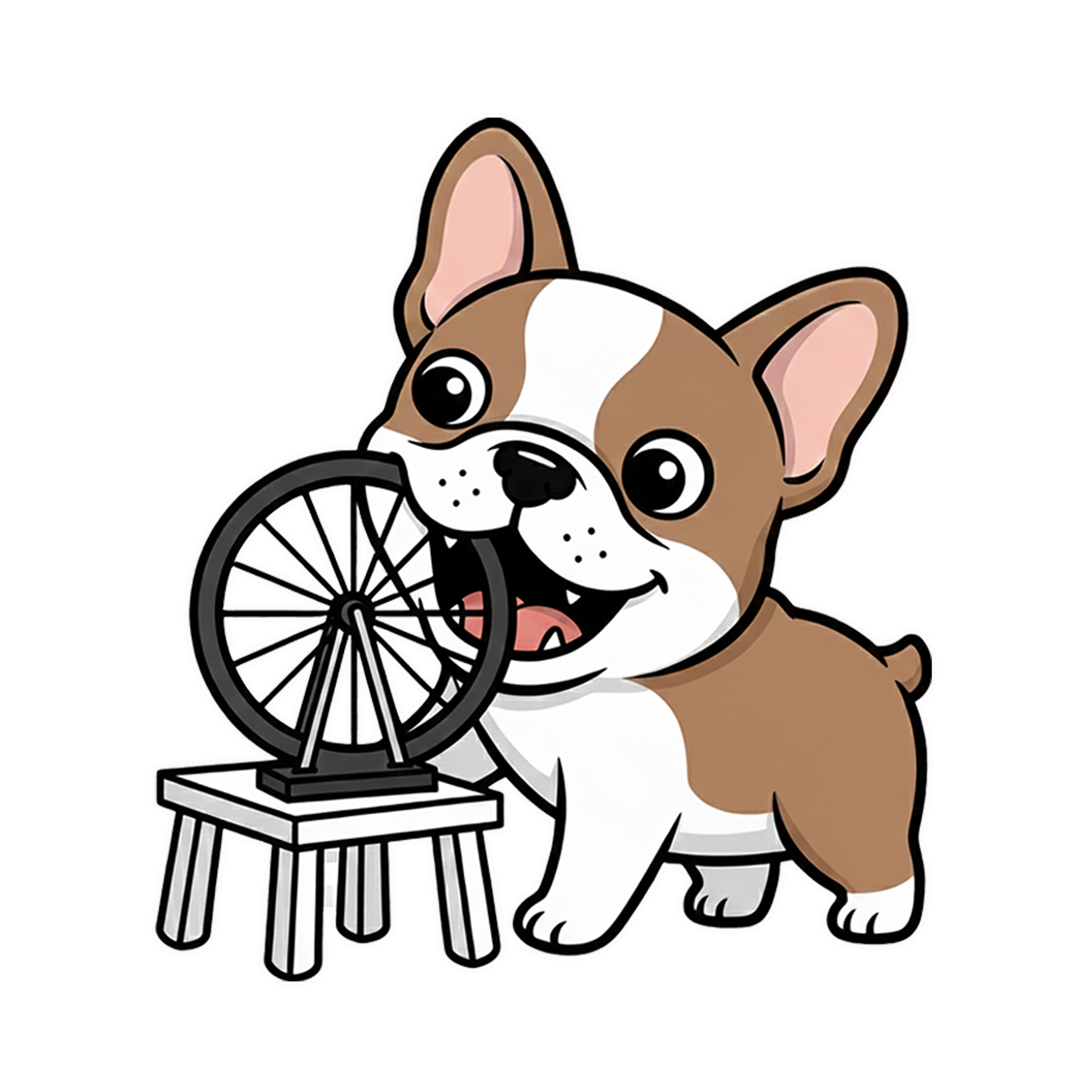 A cute cartoon French Bulldog parodying Marcel Duchamp, happily chewing on a "Bicycle Wheel" readymade sculpture mounted on a white stool.