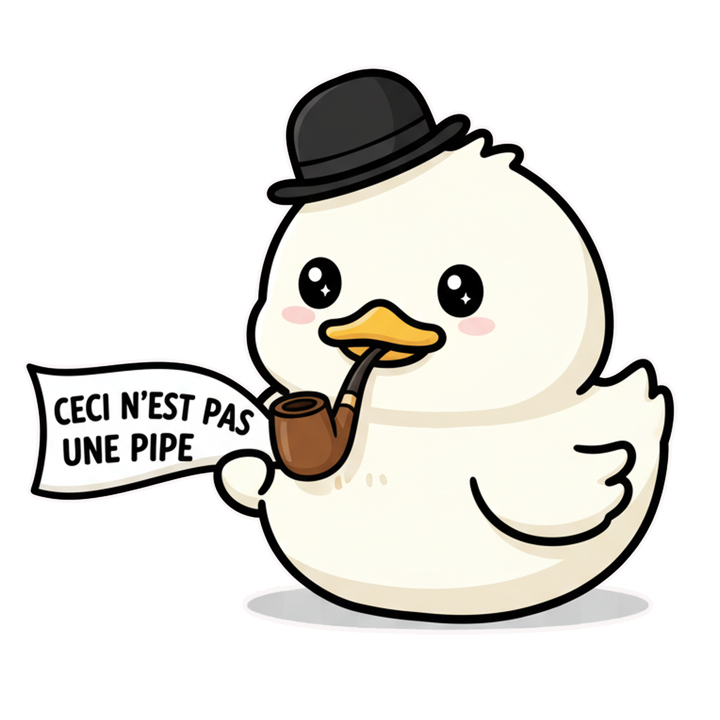 A cute cartoon duckling parodying René Magritte, wearing a black bowler hat and holding a tobacco pipe with a banner that reads "Ceci n'est pas une pipe."