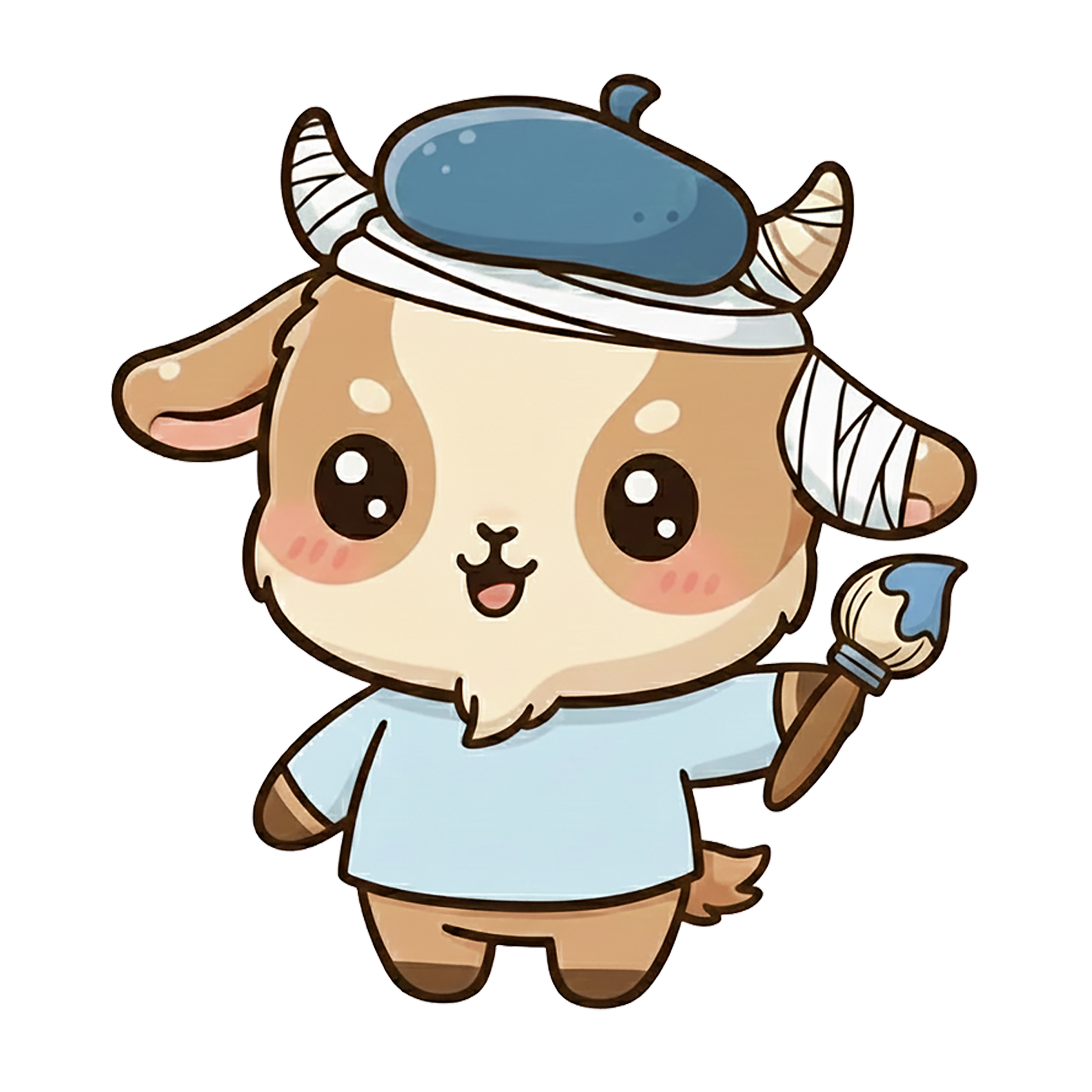 Digital illustration of a "Vincent van Goat" character. It is a small, tan and cream-colored goat with large sparkling eyes, wearing a light blue shirt and a dark blue beret. A white bandage is wrapped around its head and left horn, mimicking Van Gog