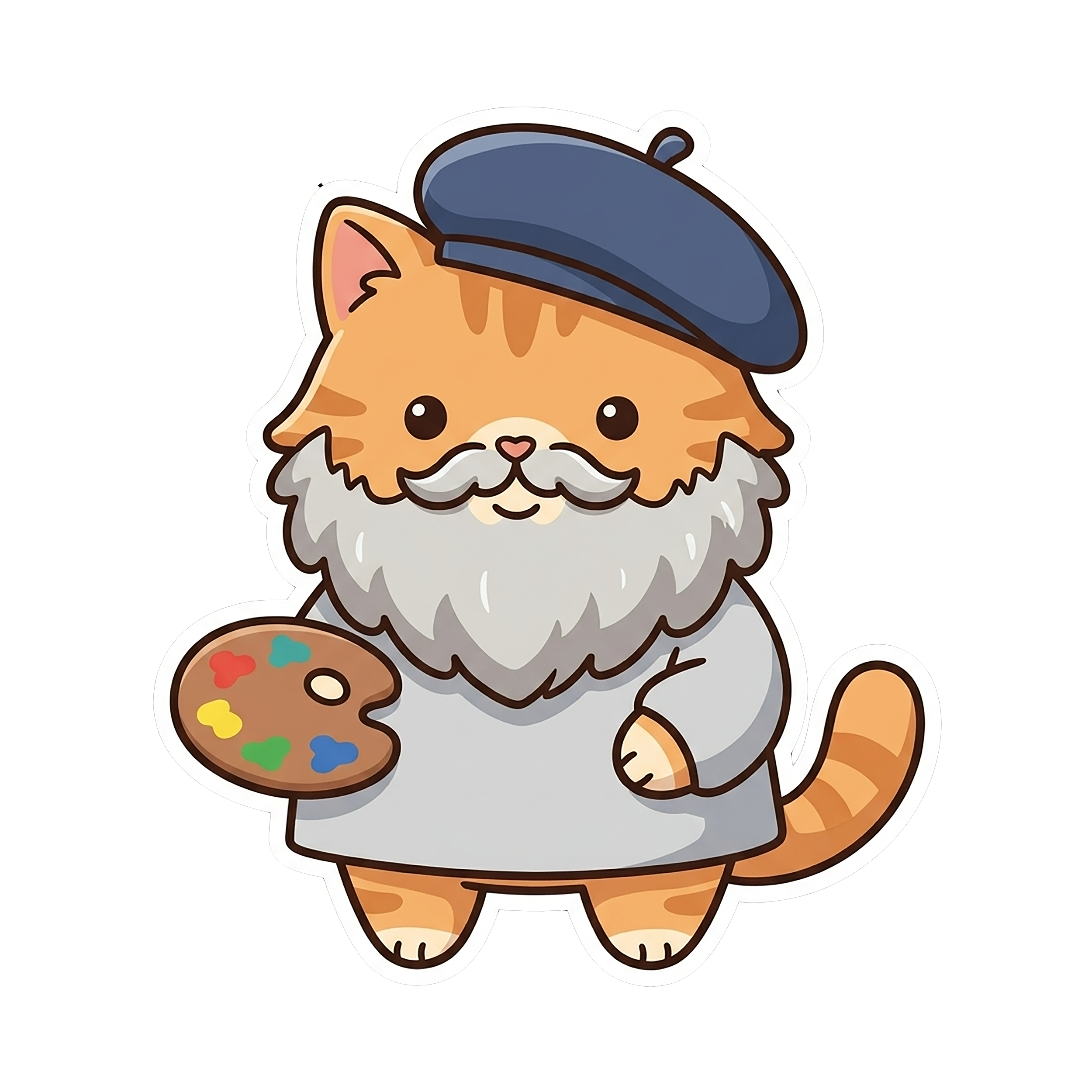 A cute cartoon orange tabby cat parodying Claude Monet, featuring a large fluffy grey beard, a blue beret, and a painter's smock.
