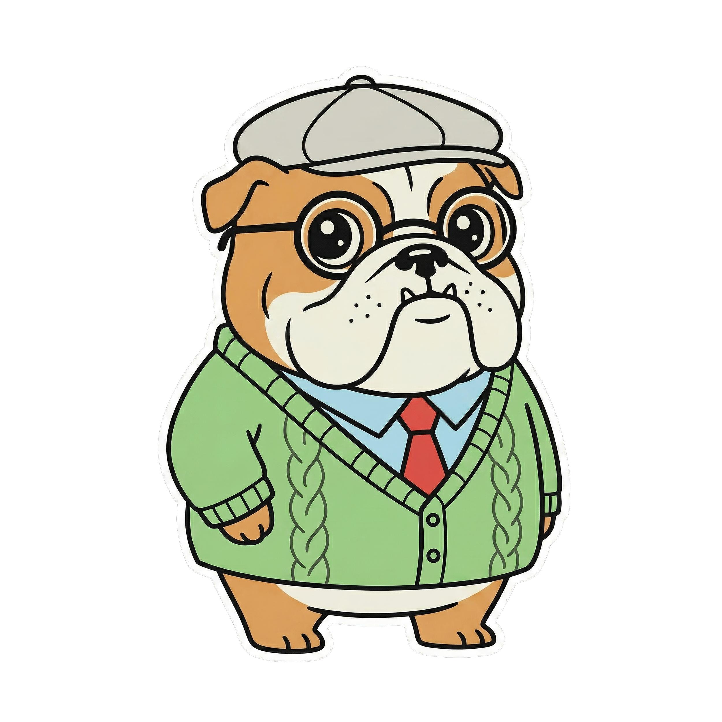 A cute cartoon English Bulldog parodying David Hockney, wearing round glasses, a flat cap, and a green cable-knit cardigan over a shirt and tie.