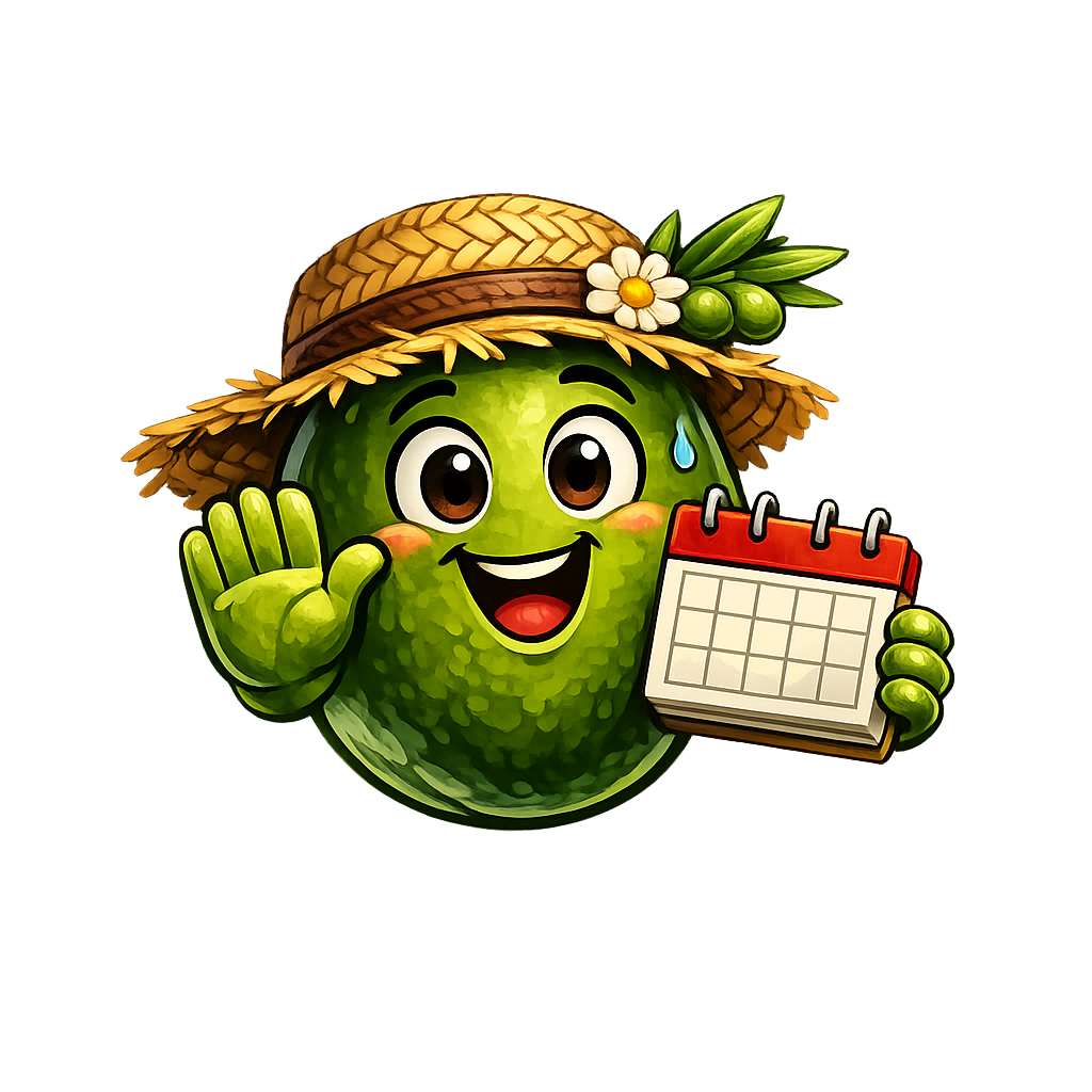 A cartoon cucumber with a cheerful face, wearing a straw hat decorated with flowers and leaves, holding a small calendar, and giving a friendly wave.