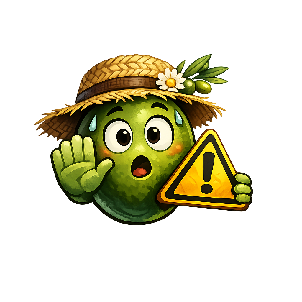 A cartoon cucumber wearing a straw hat decorated with flowers and leaves, holding a warning sign with an exclamation mark, and making a 'stop' gesture with its hand.